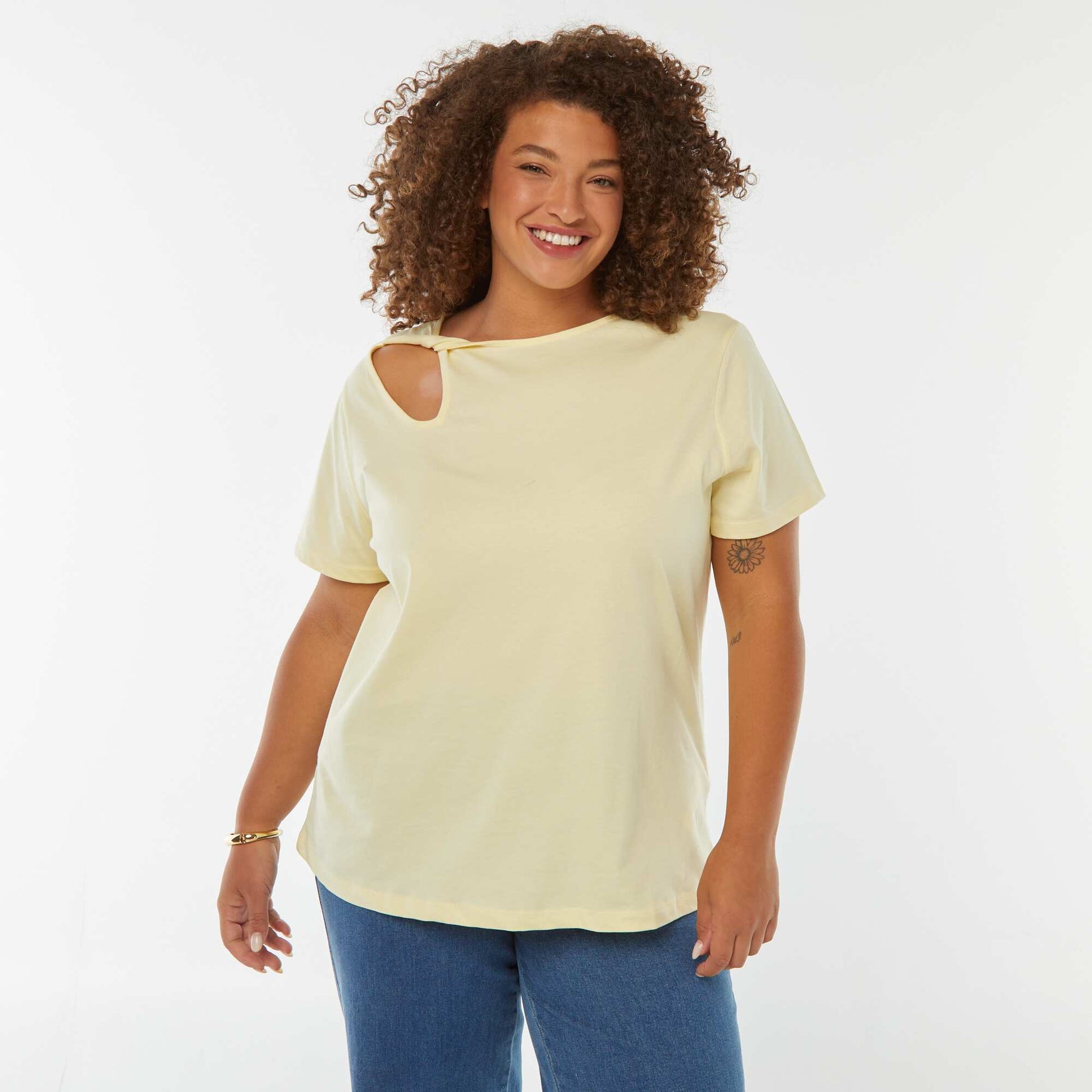 T-shirt uni avec fente ajourée avec effet twxité JAUNE