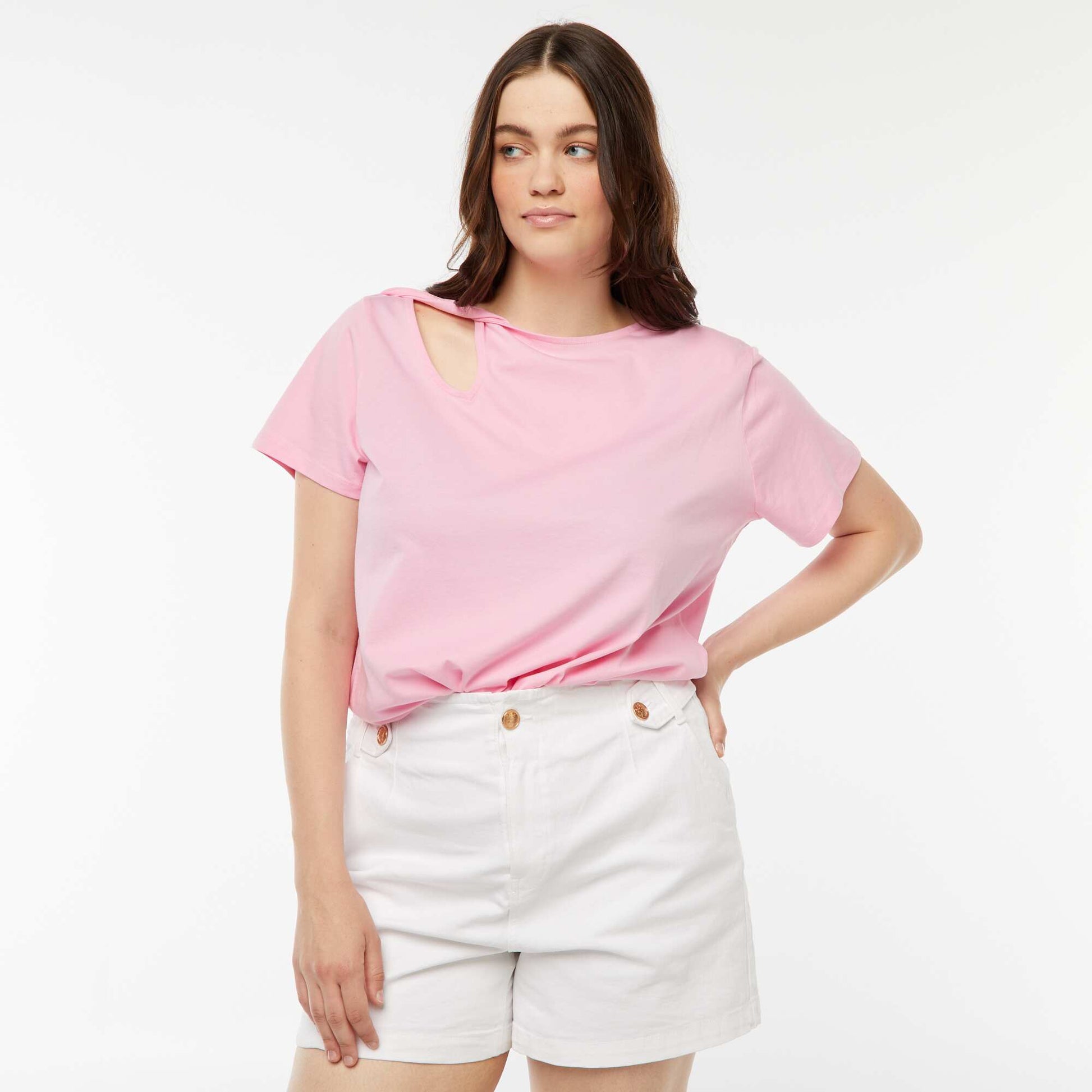 T-shirt uni avec fente ajourée avec effet twxité ROSE