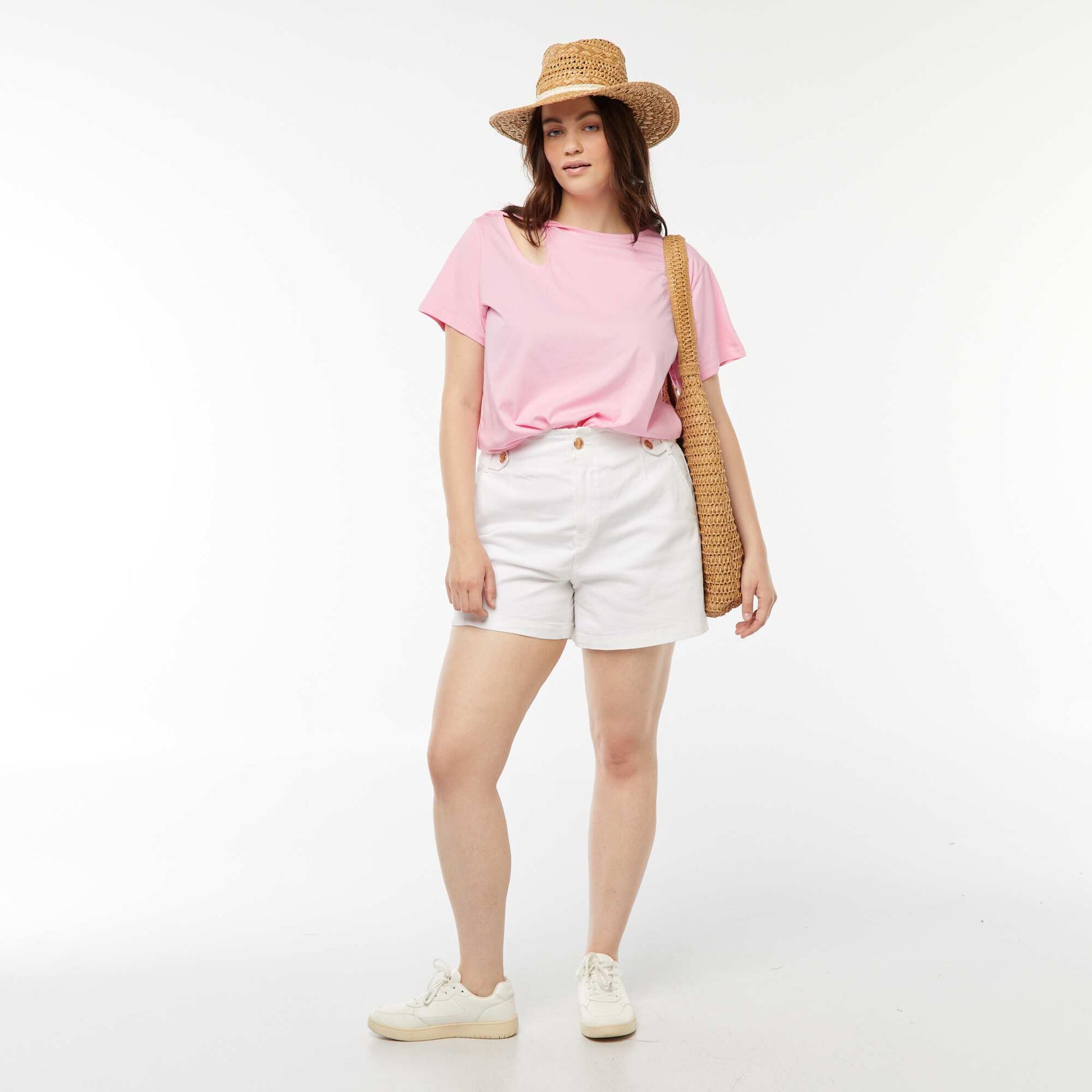 T-shirt uni avec fente ajourée avec effet twxité ROSE
