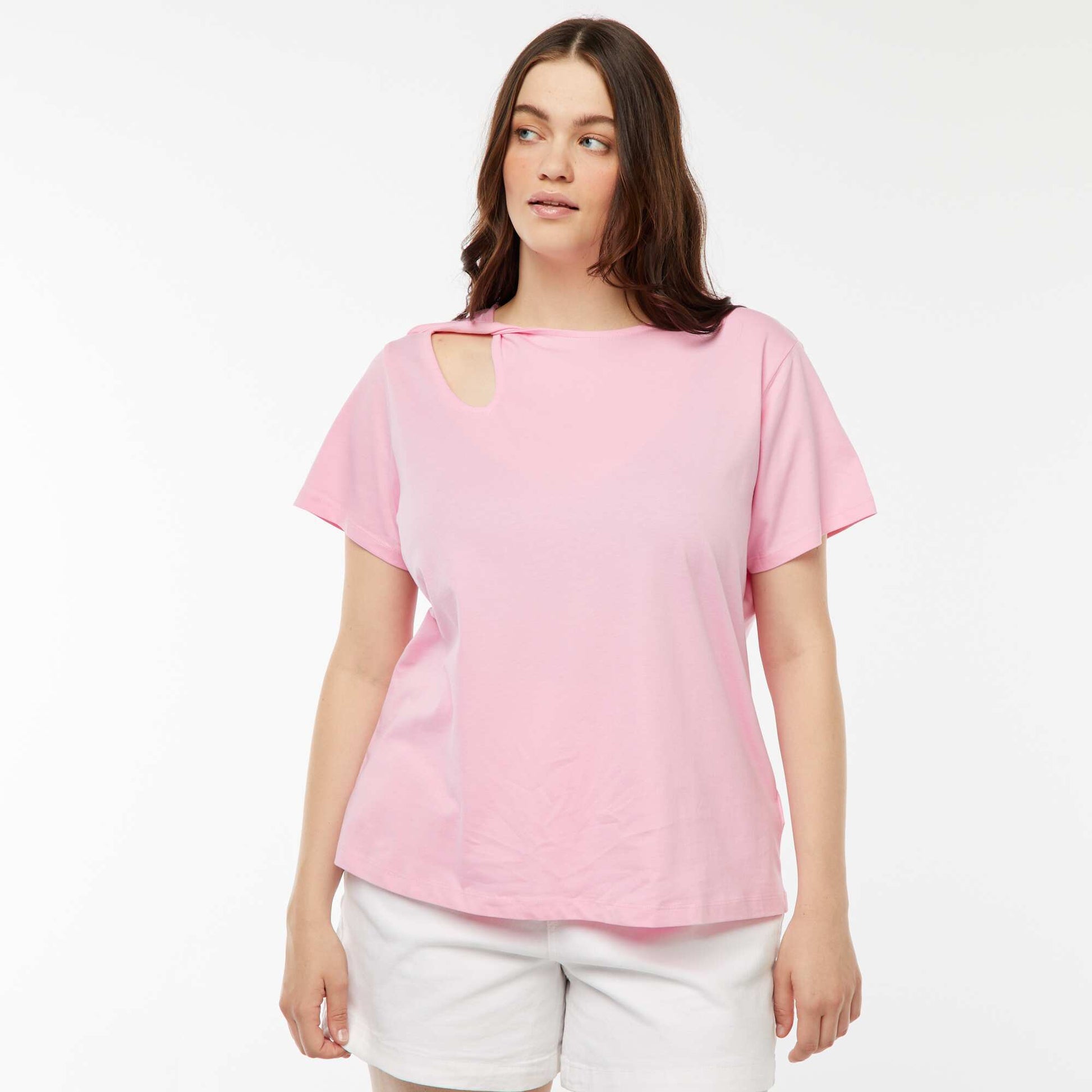 T-shirt uni avec fente ajourée avec effet twxité ROSE