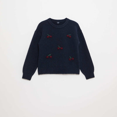 Pull imitation lainage avec broderies 'cerises' BLEU