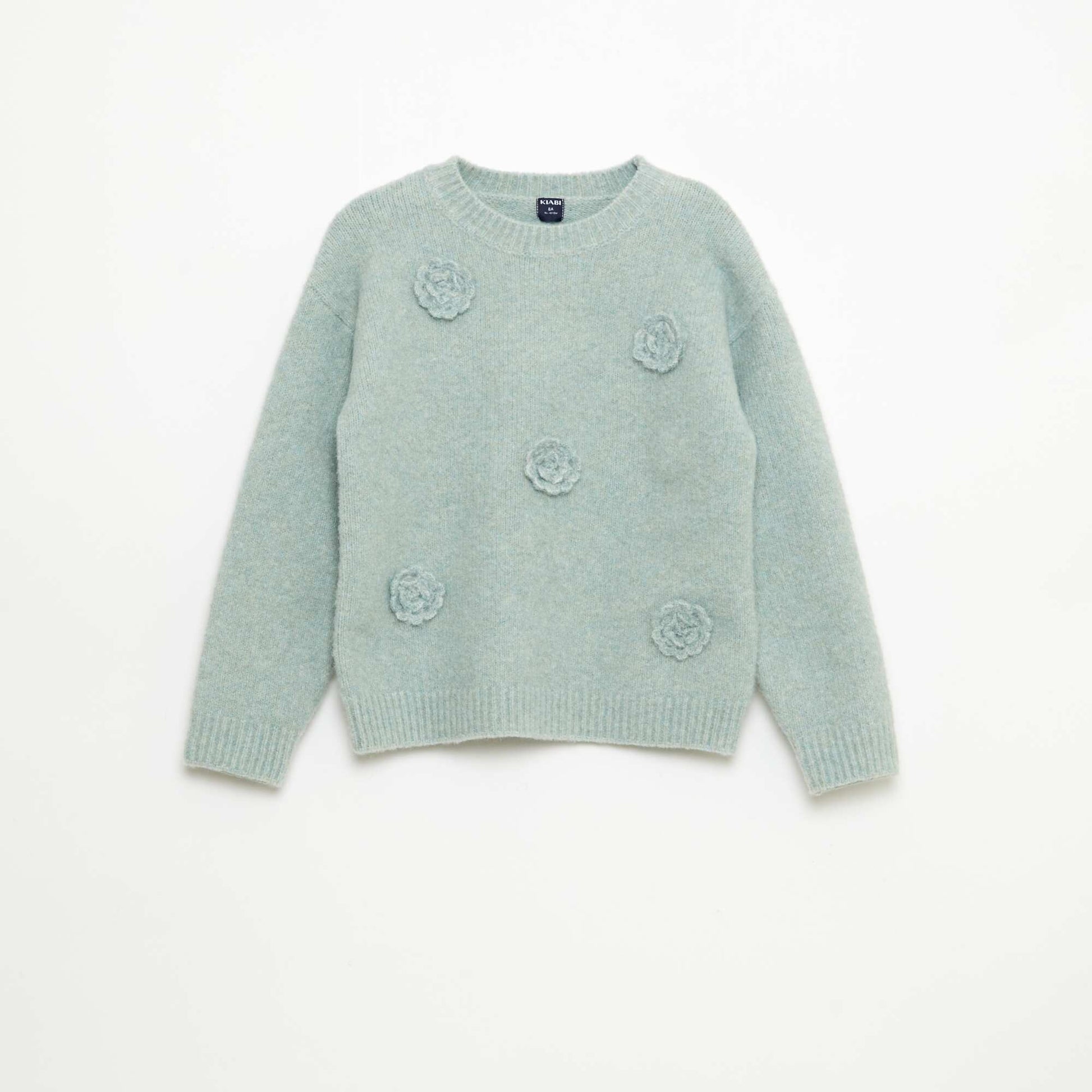 Pull col rond avec fleurs en crochet uni BLEU