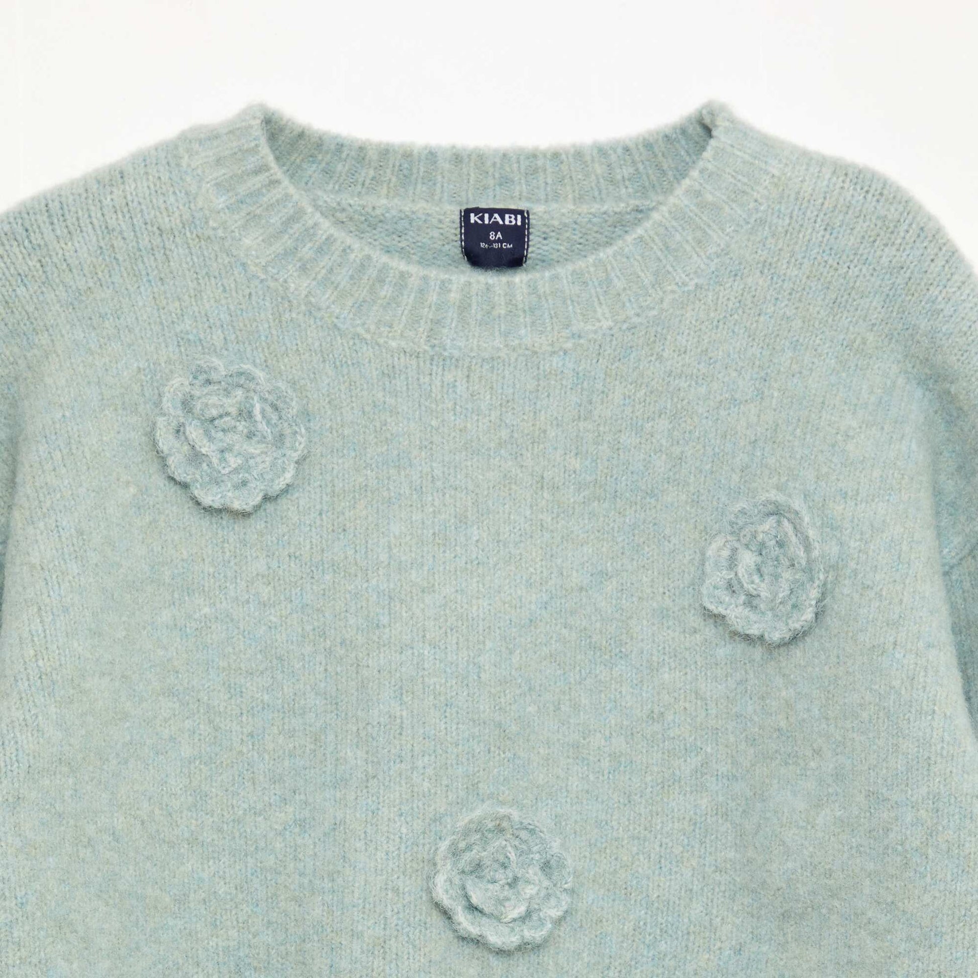 Pull col rond avec fleurs en crochet uni BLEU