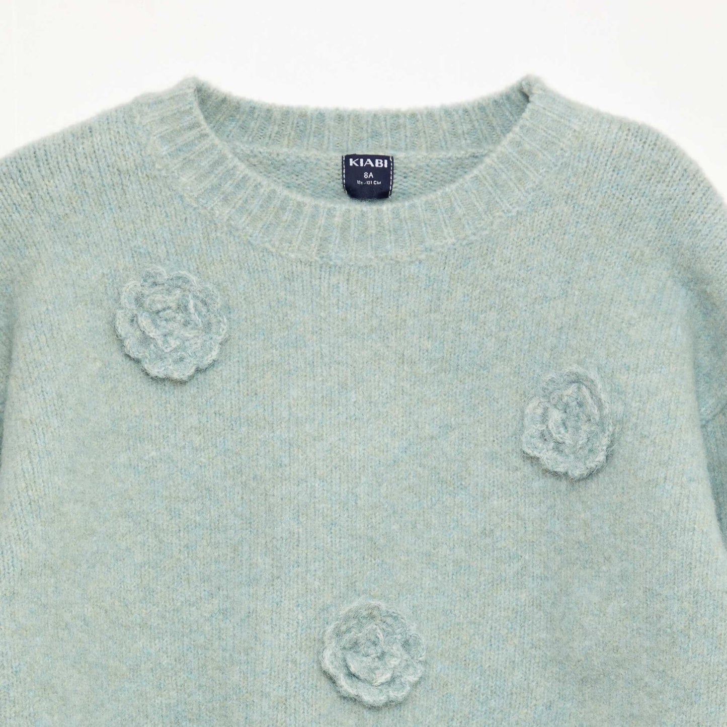 Pull col rond avec fleurs en crochet uni BLEU