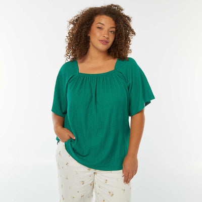 Blouse fluide encolure bardot en maille gaufrée VERT