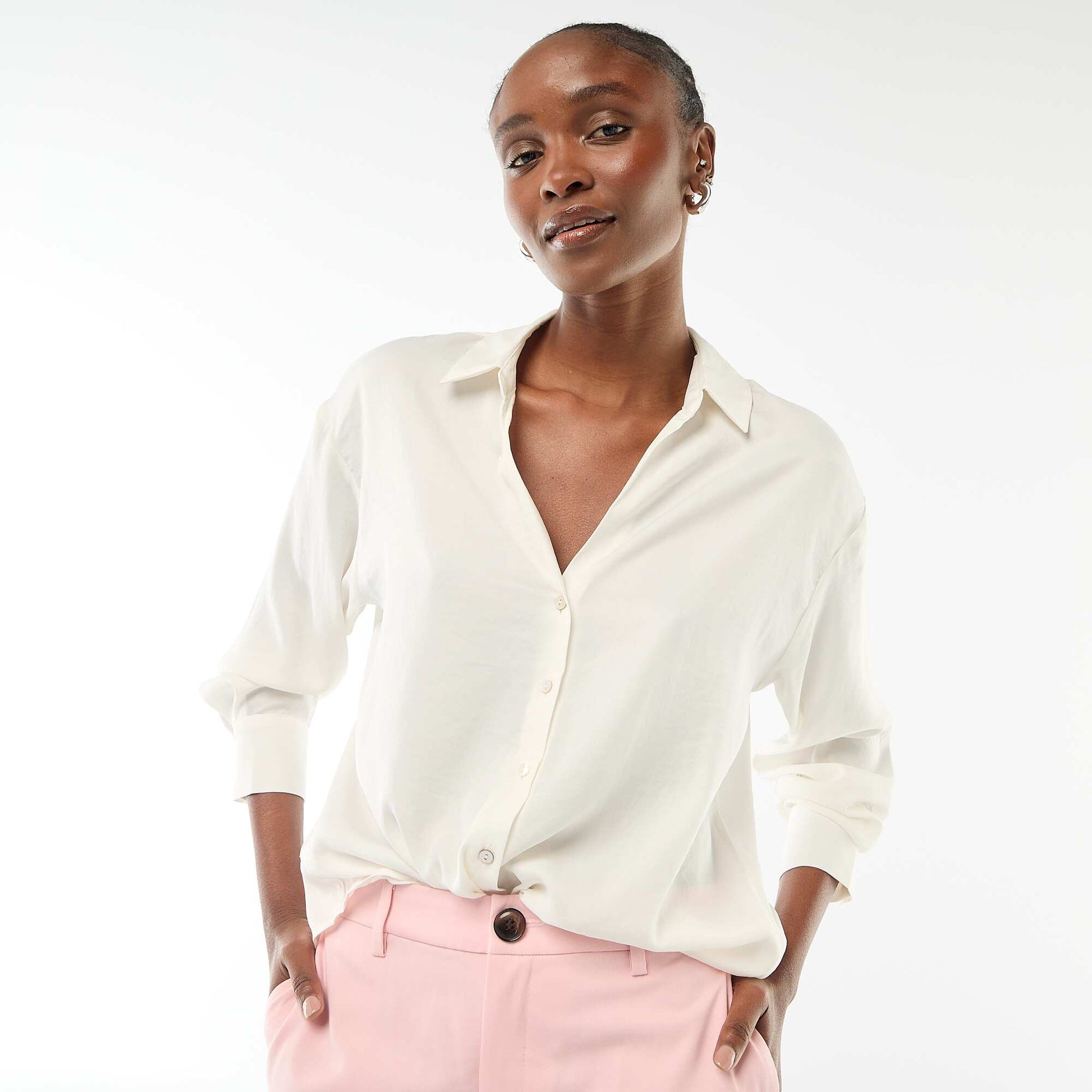 Chemisier manches longues en satin uni BLANC
