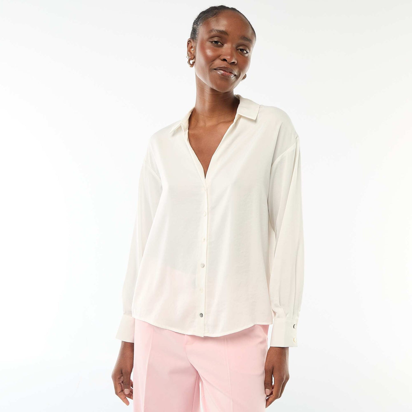 Chemisier manches longues en satin uni BLANC