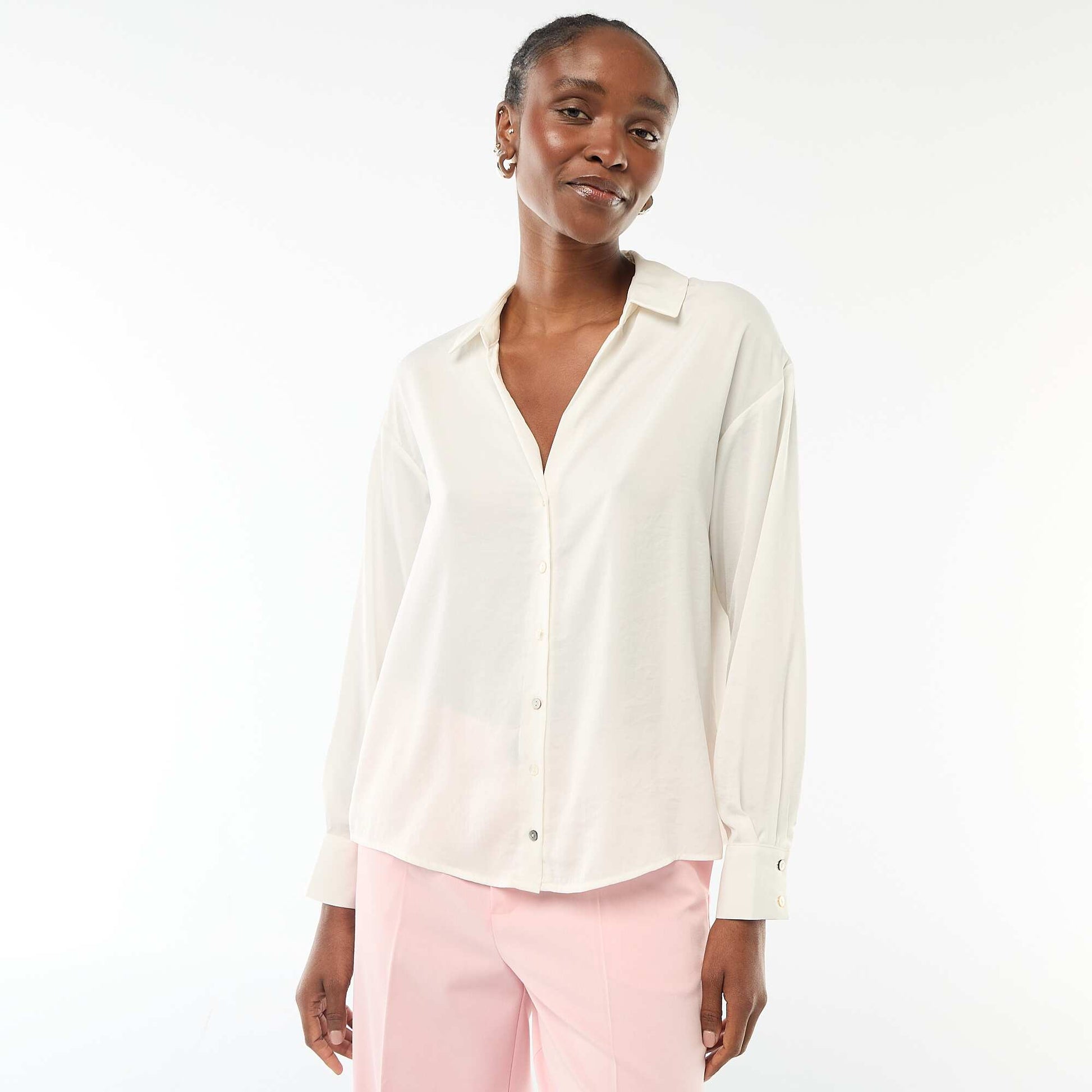 Chemisier manches longues en satin uni BLANC