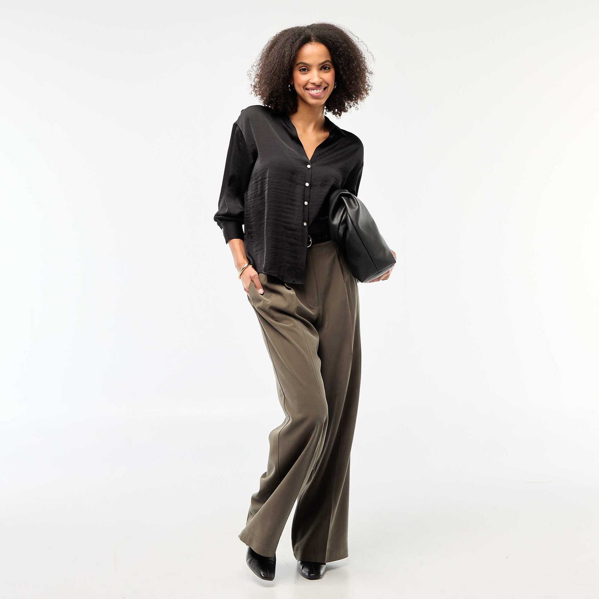 Chemisier manches longues en satin uni NOIR