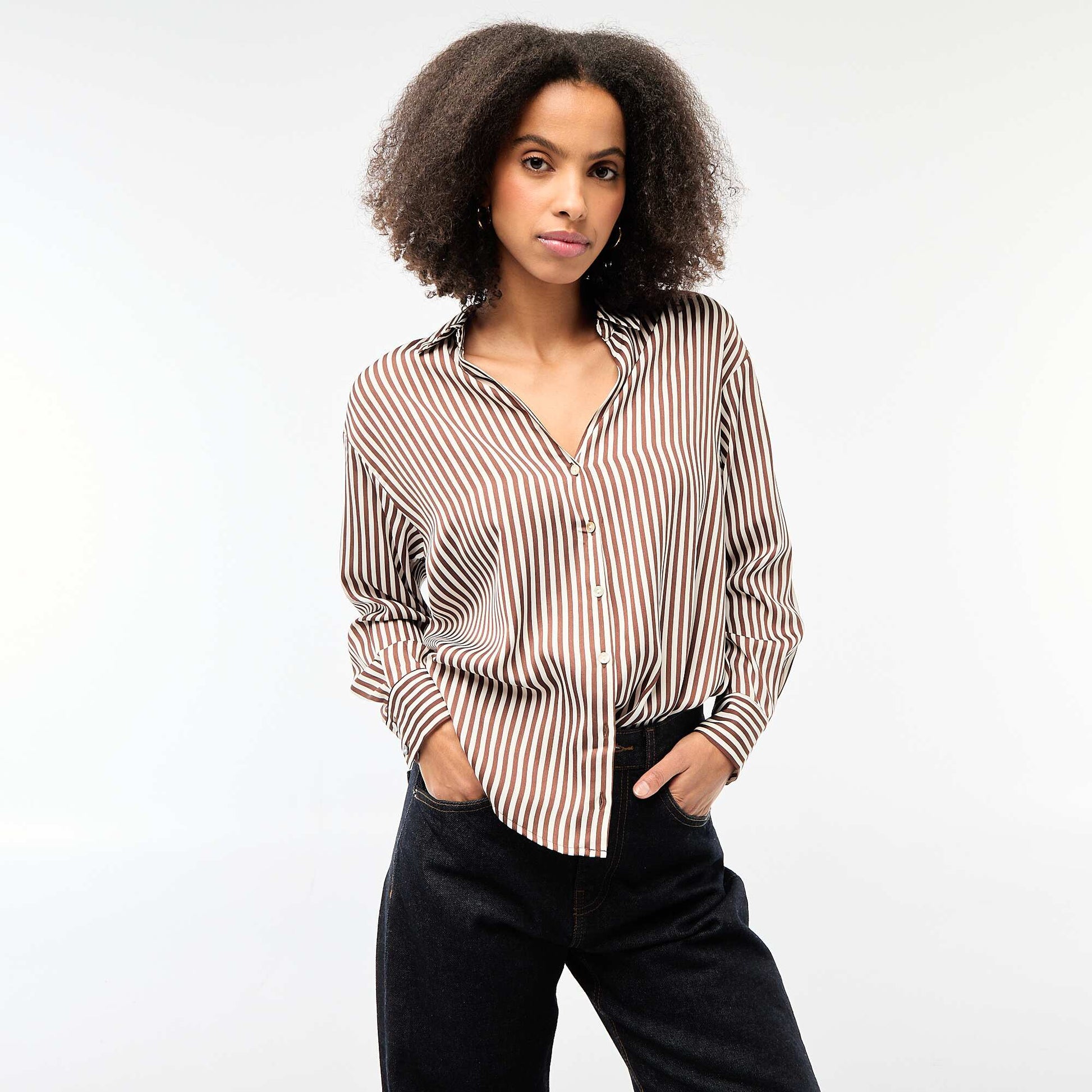 Chemisier manches longues en satin uni MARRON
