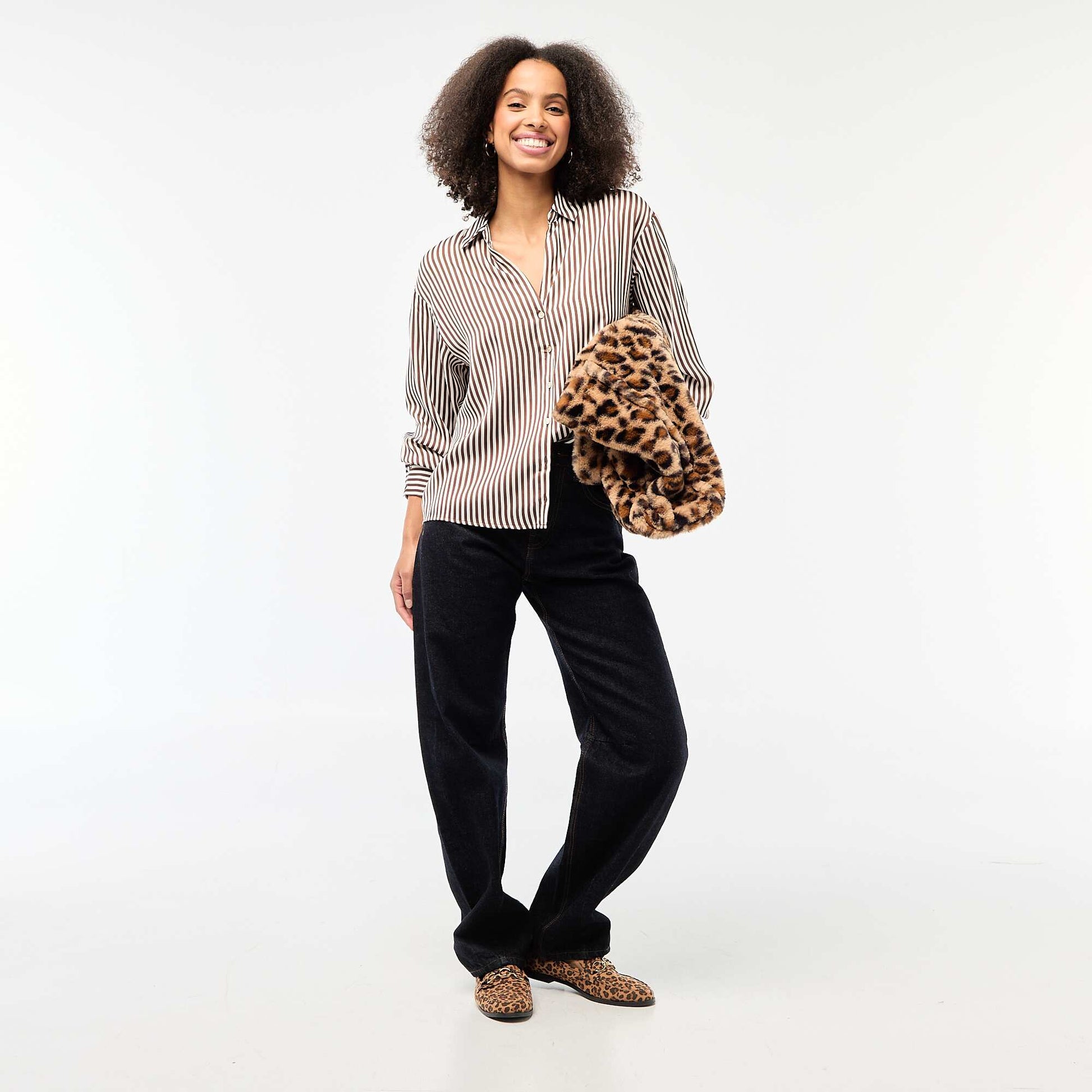 Chemisier manches longues en satin uni MARRON