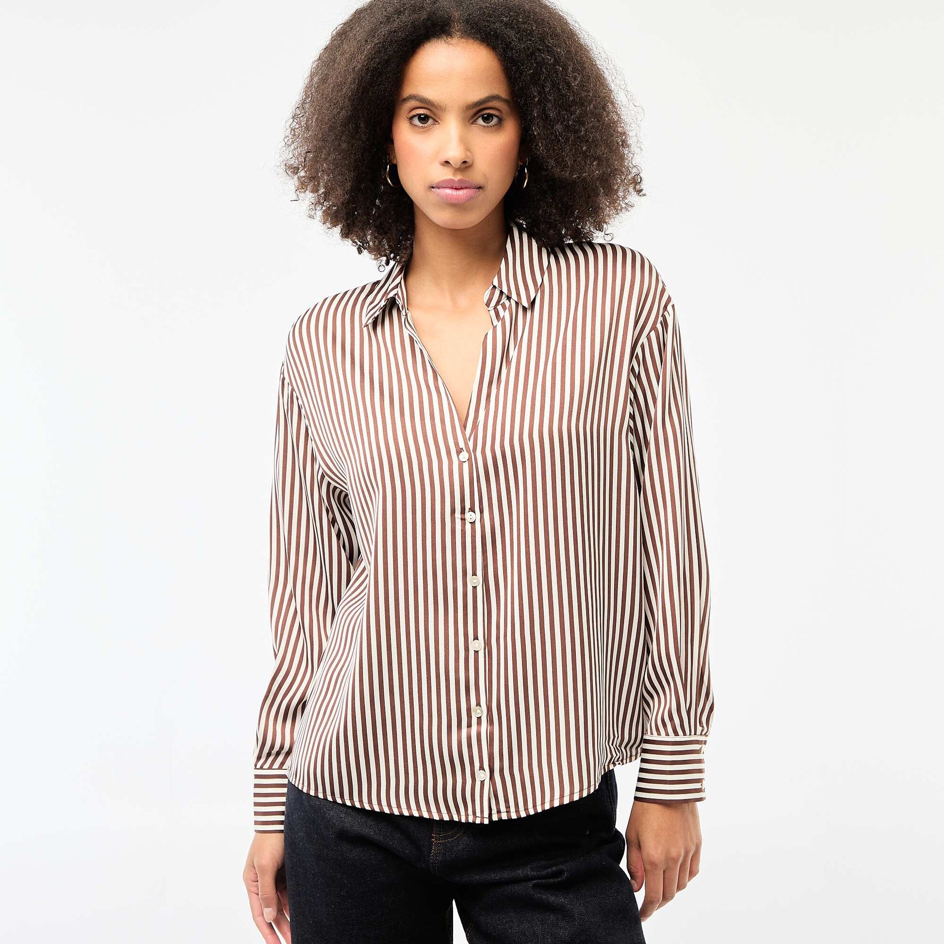 Chemisier manches longues en satin uni MARRON