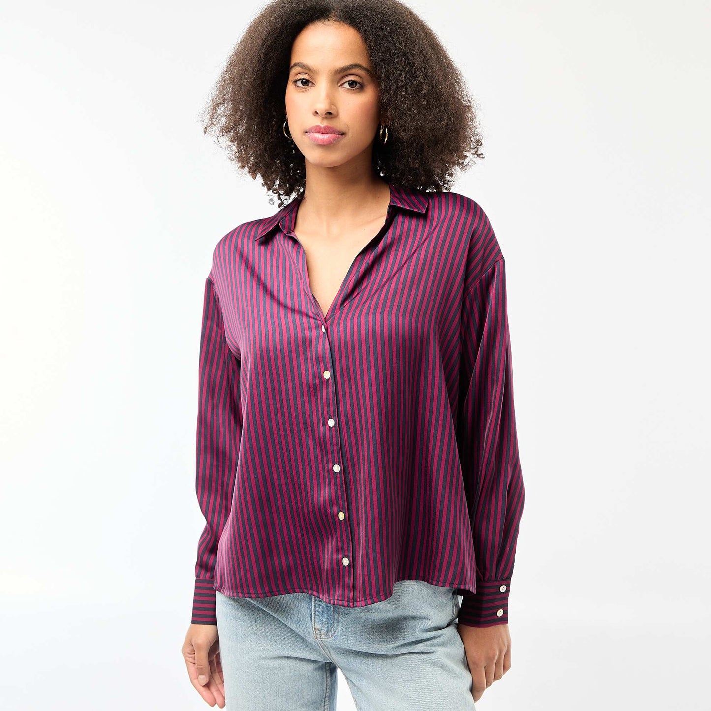 Chemisier manches longues en satin uni BLEU