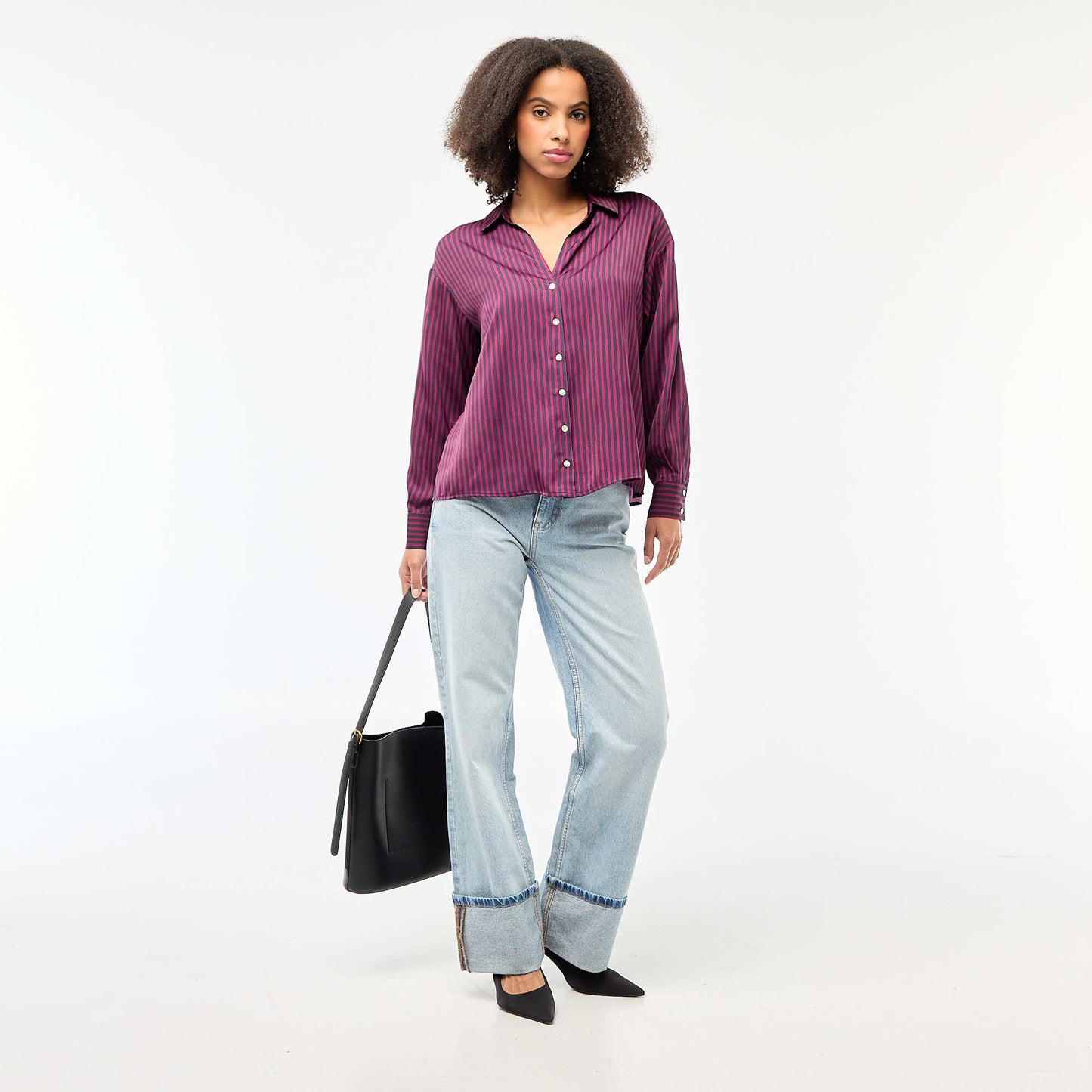 Chemisier manches longues en satin uni BLEU