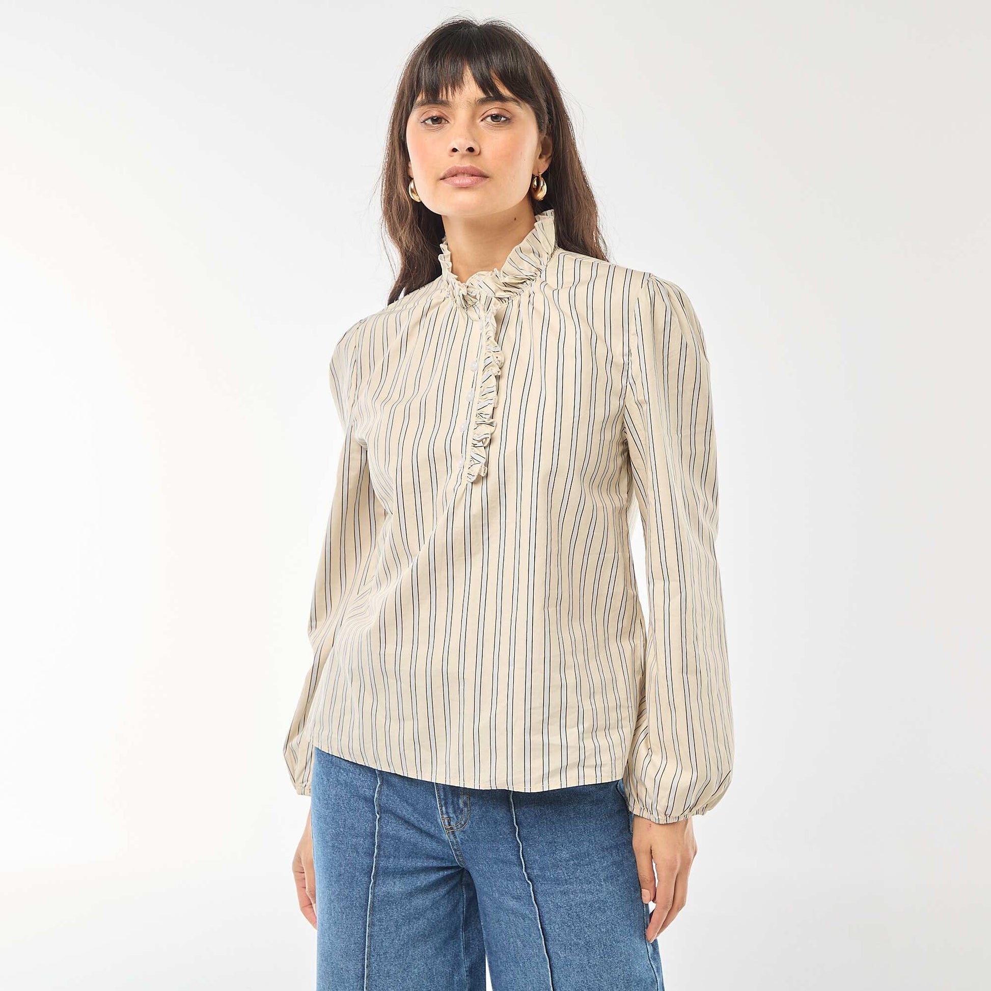 Blouse avec volants au col et à l'ouverture BLANC