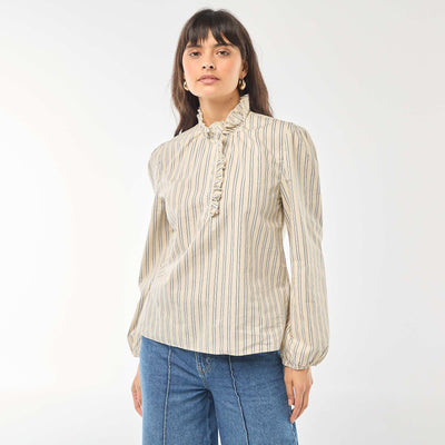 Blouse avec volants au col et à l'ouverture BLANC