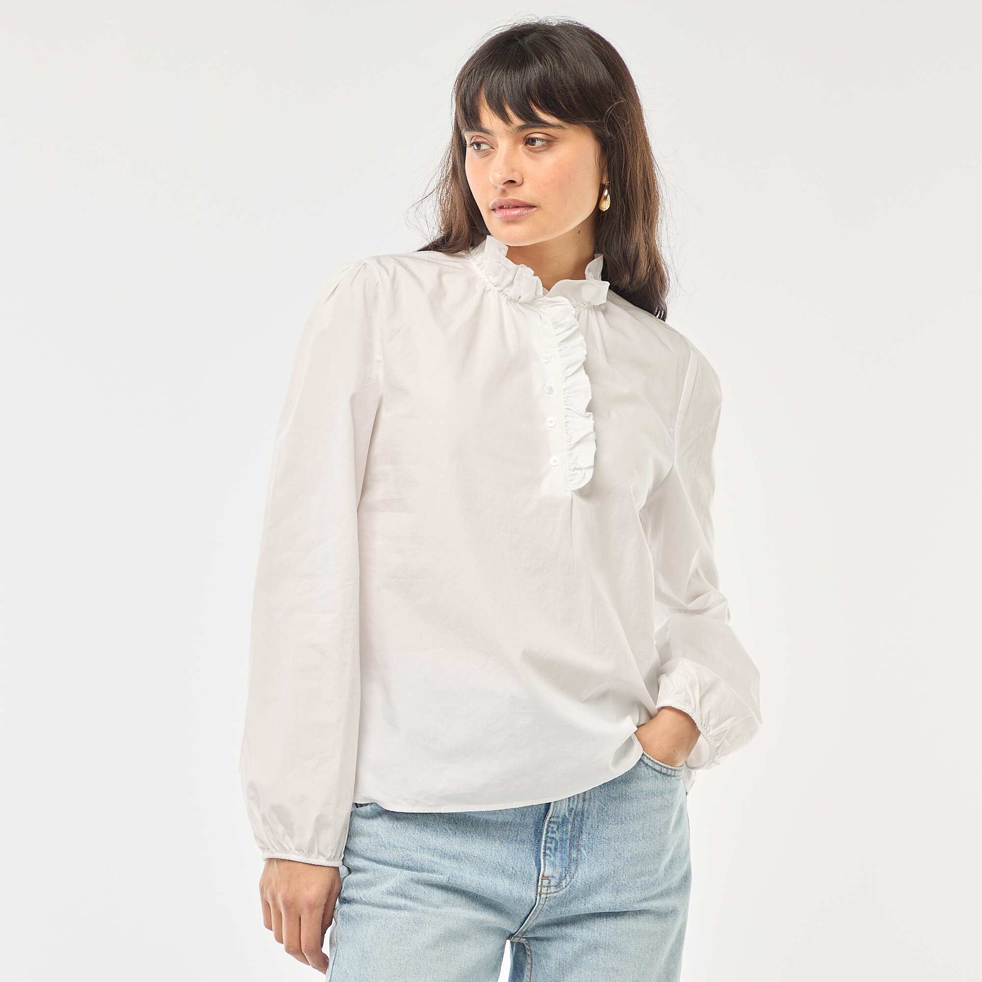 Blouse avec volants au col et à l'ouverture BLANC