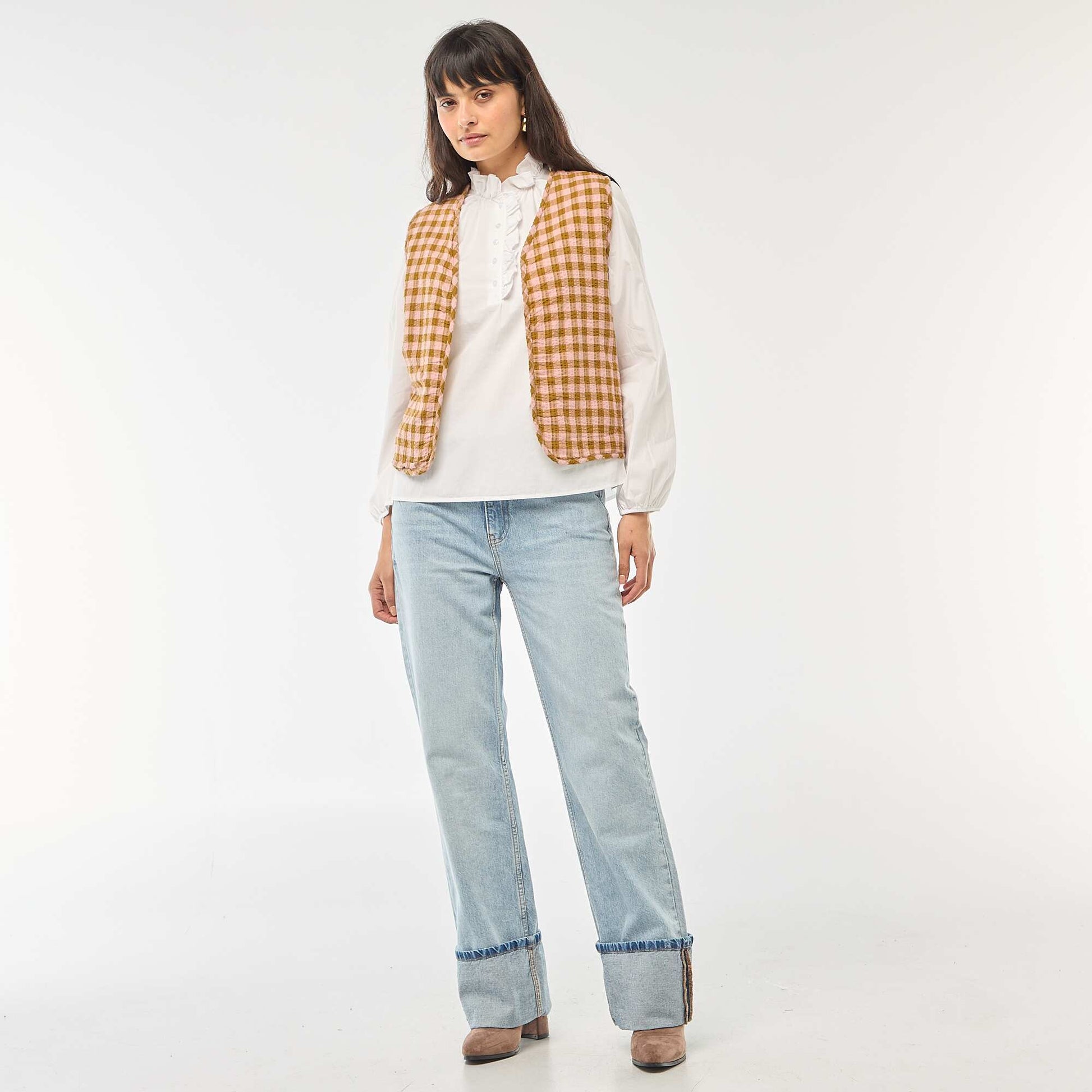 Blouse avec volants au col et à l'ouverture BLANC