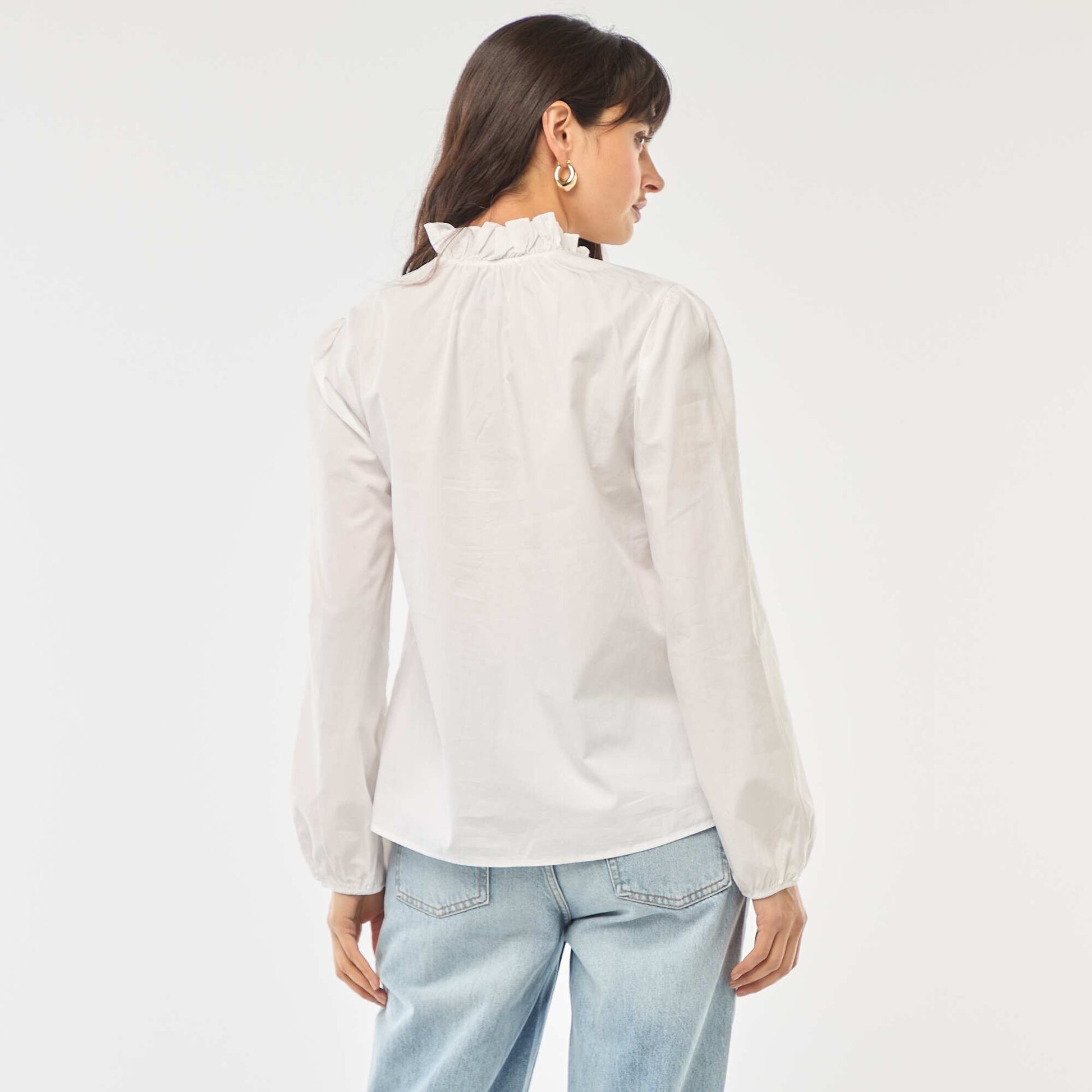 Blouse avec volants au col et à l'ouverture BLANC