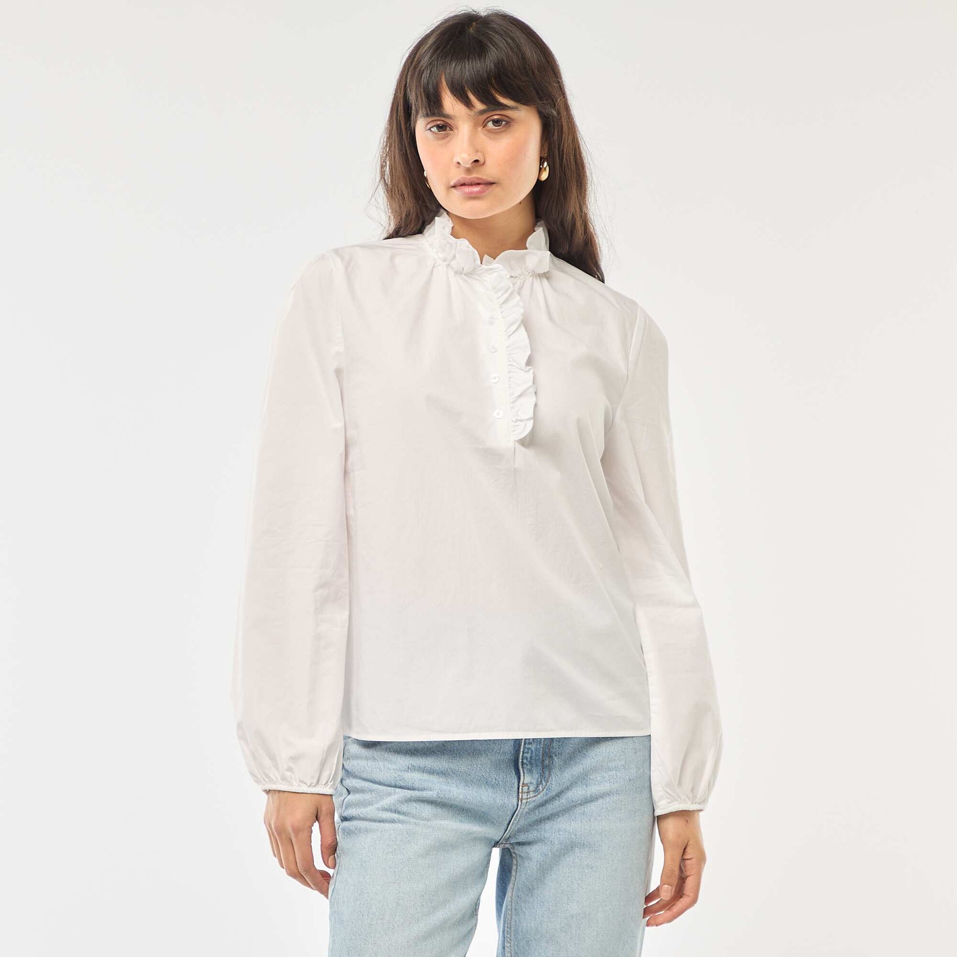 Blouse avec volants au col et à l'ouverture BLANC