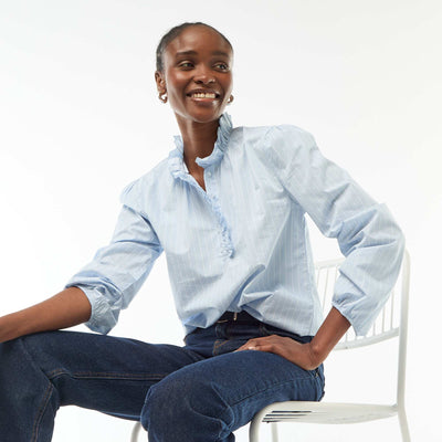 Blouse avec volants au col et à l'ouverture BLEU