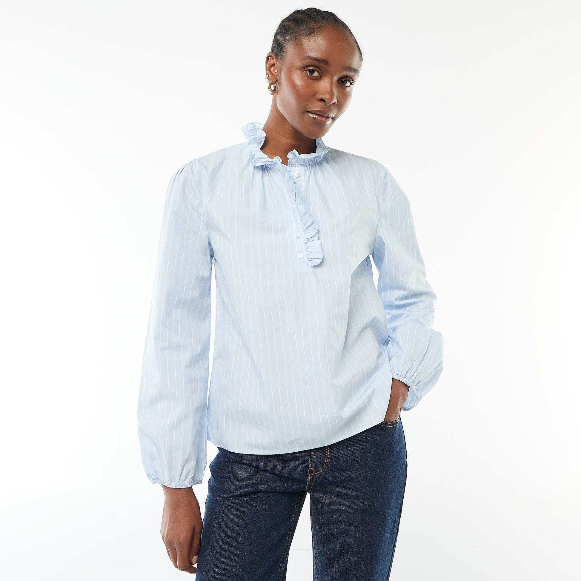 Blouse avec volants au col et à l'ouverture BLEU