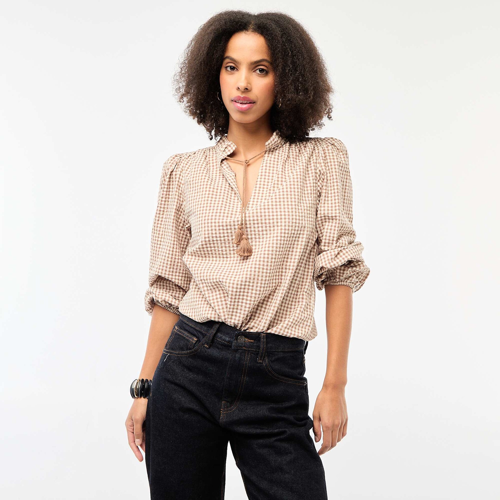Blouse manches longues à carreaux BEIGE