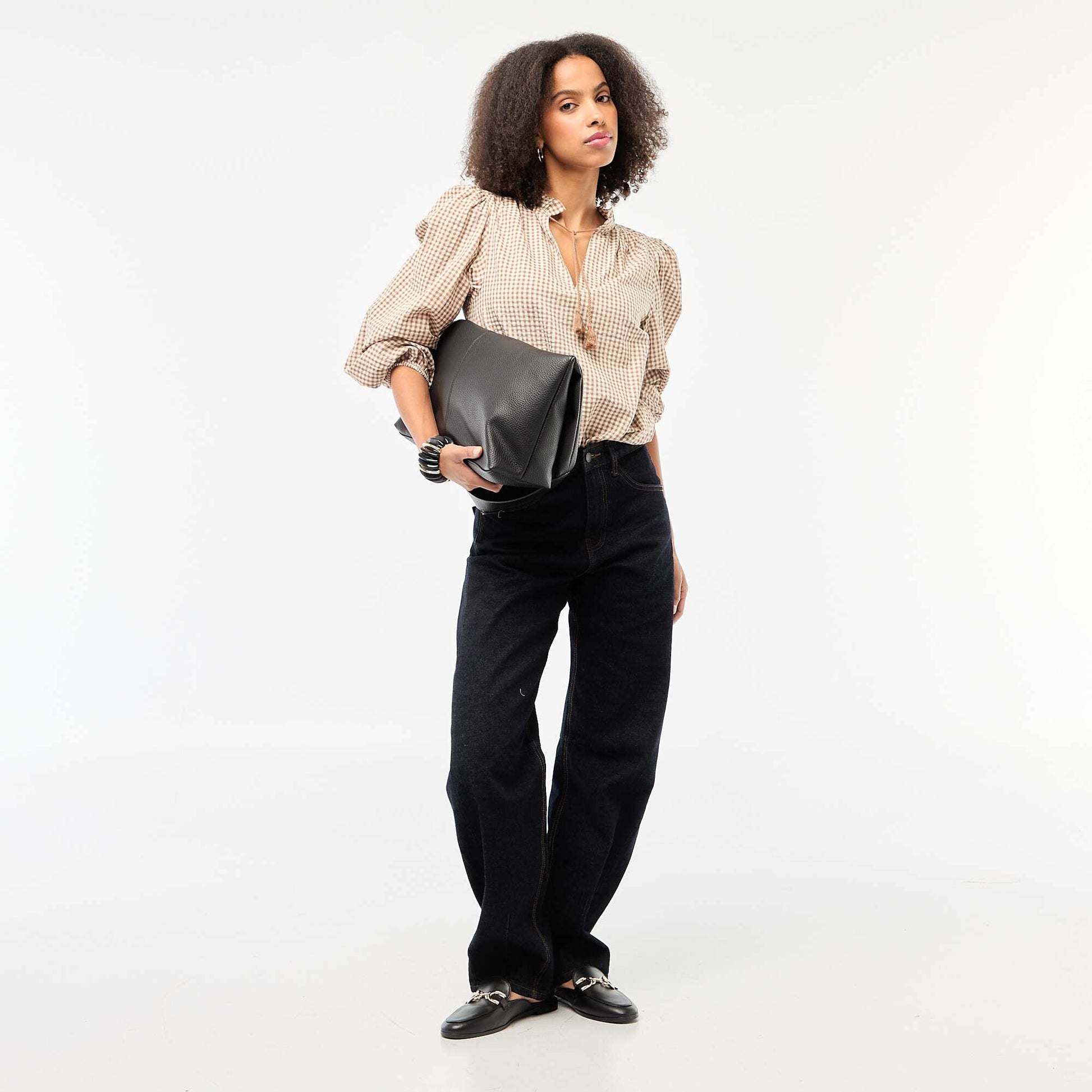Blouse manches longues à carreaux BEIGE