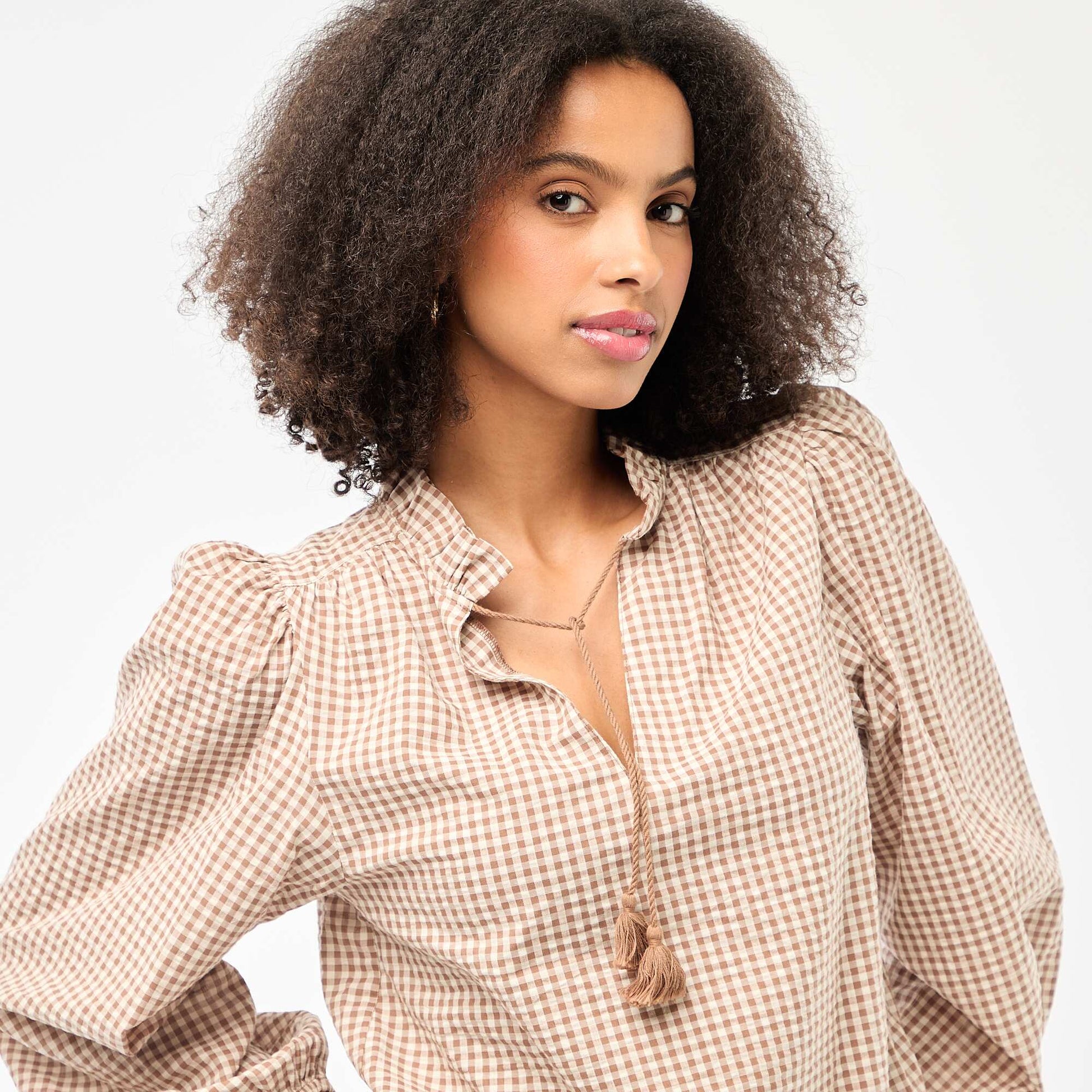 Blouse manches longues à carreaux BEIGE