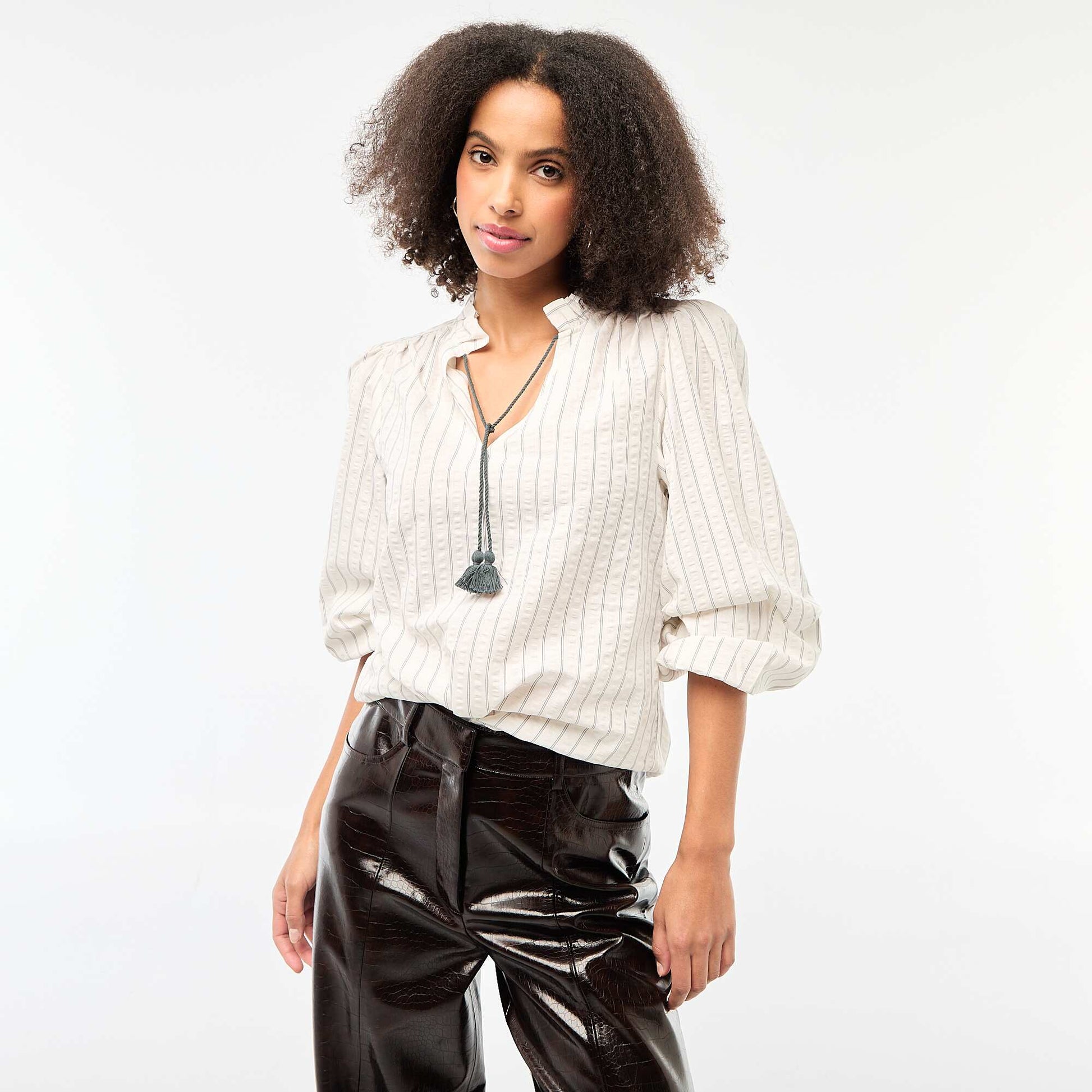 Blouse manches longues à carreaux BEIGE