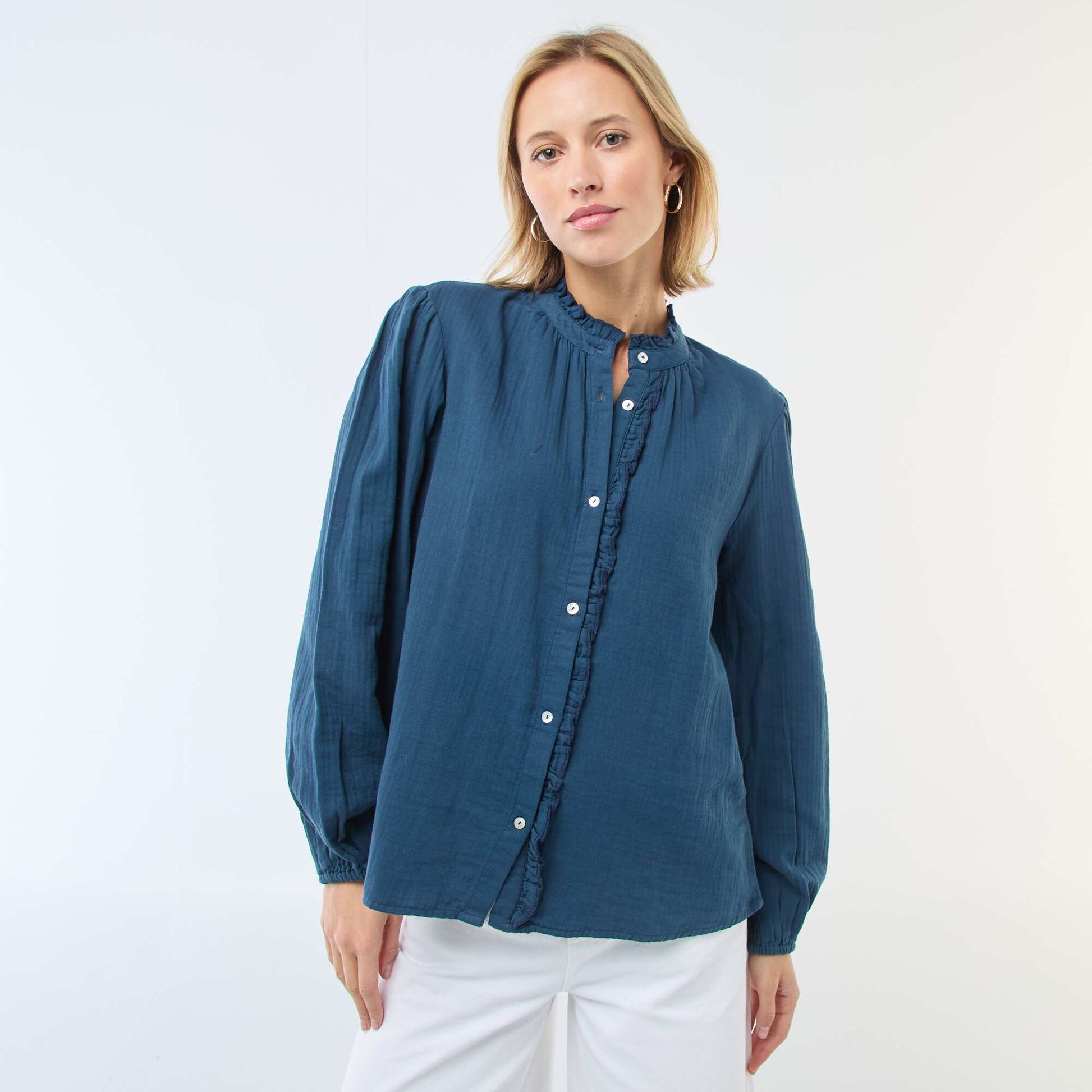 Chemisier en gaze de coton avec bords ondulés BLEU