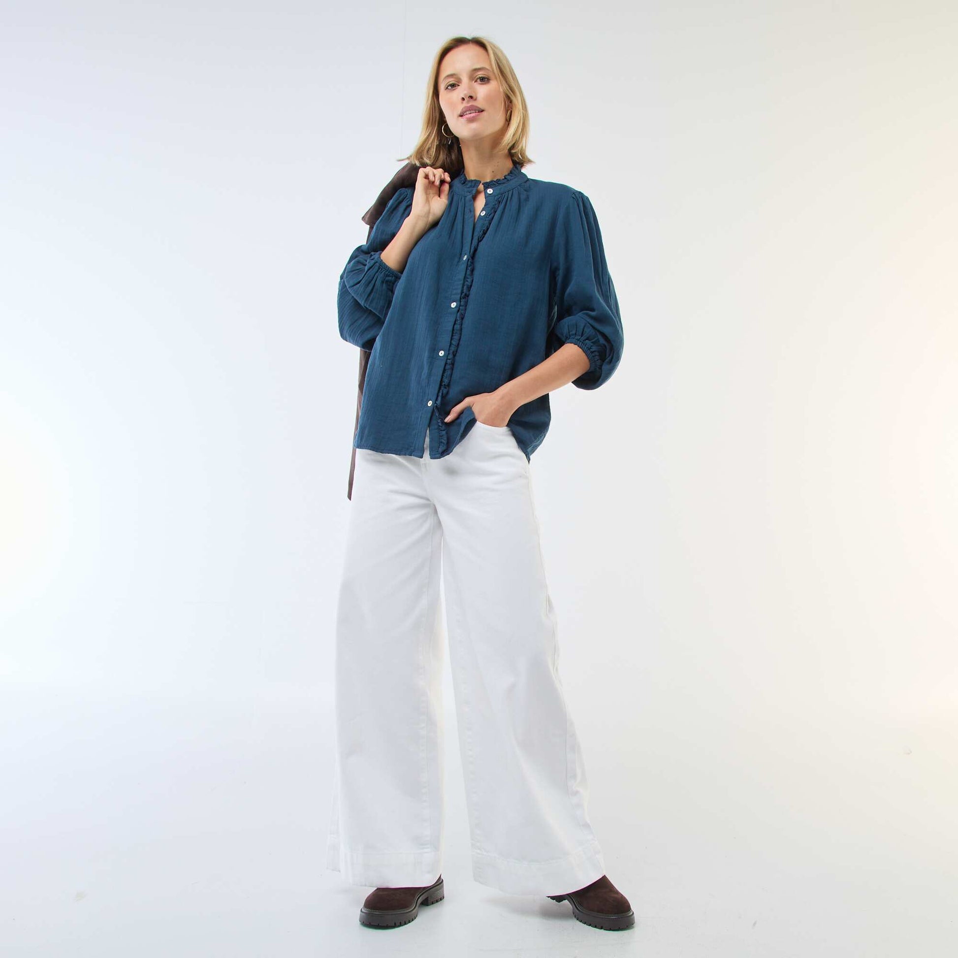 Chemisier en gaze de coton avec bords ondulés BLEU