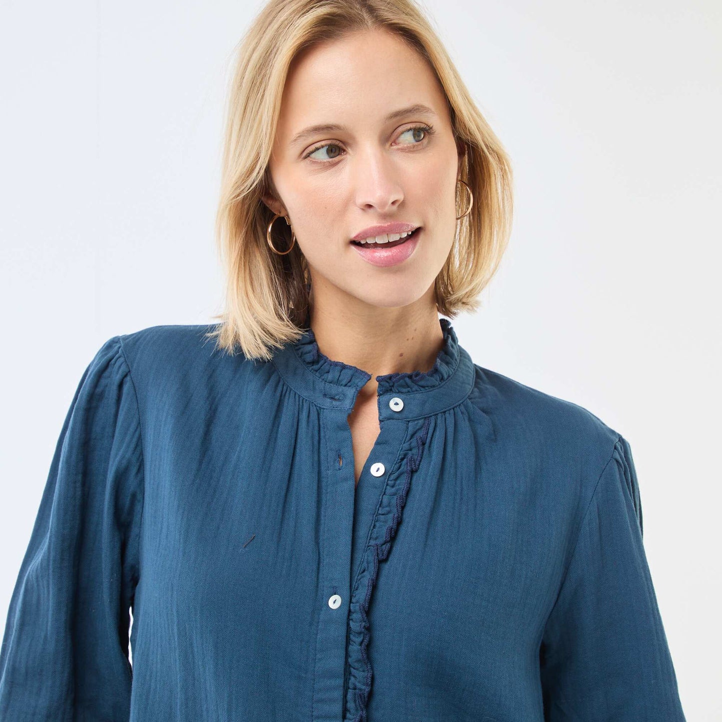 Chemisier en gaze de coton avec bords ondulés BLEU