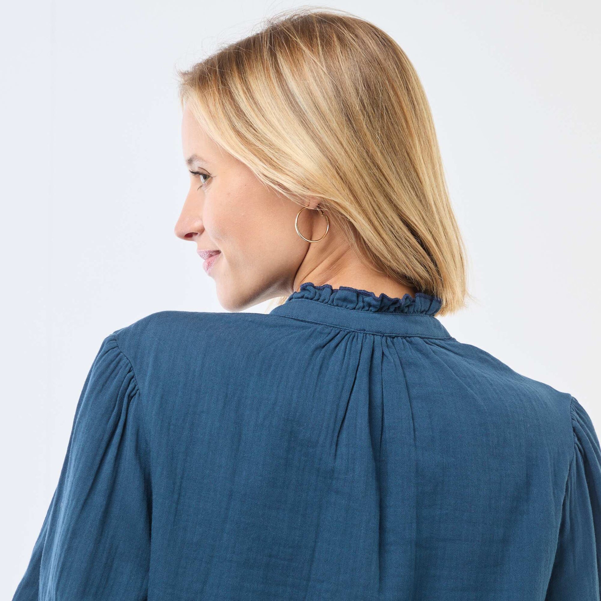 Chemisier en gaze de coton avec bords ondulés BLEU