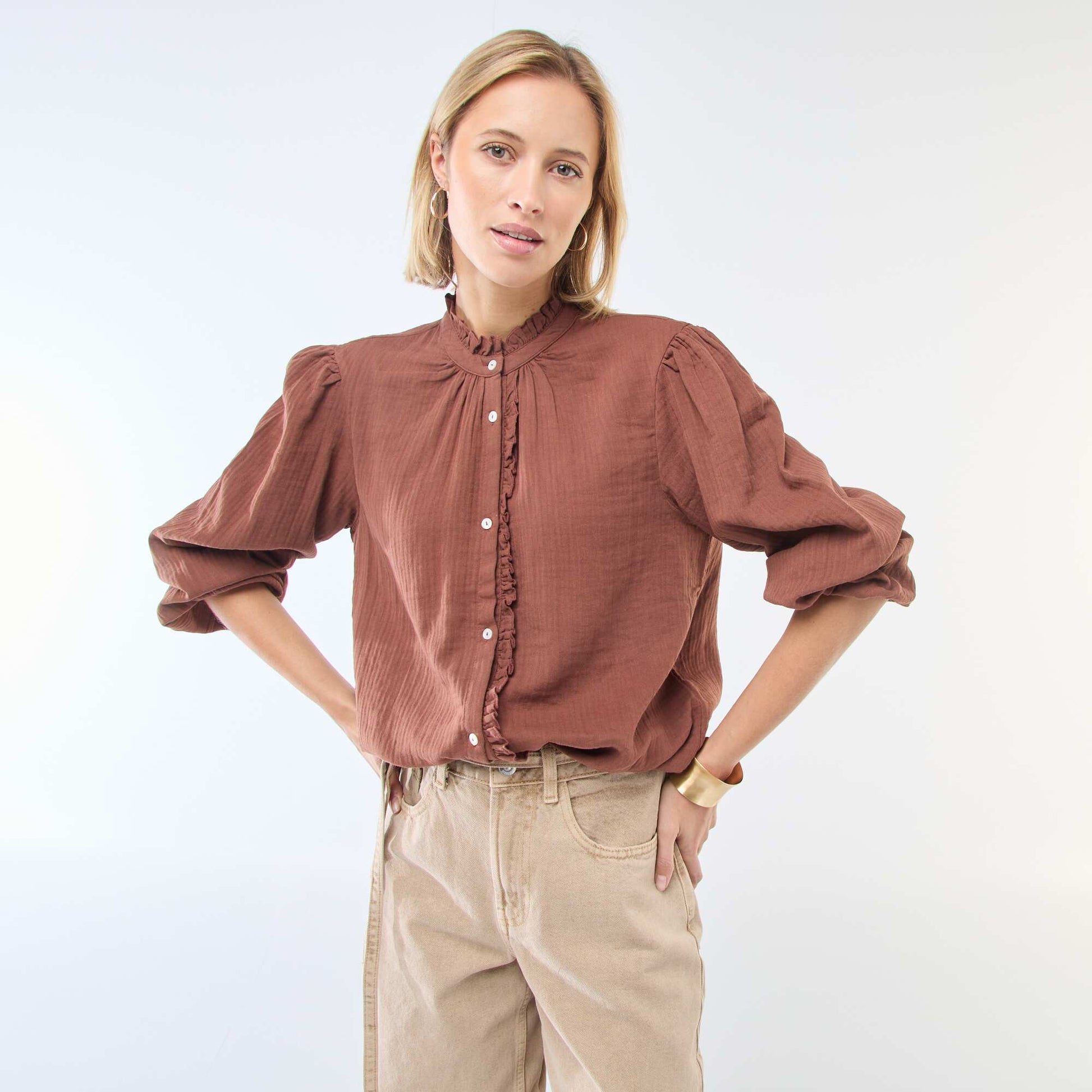 Chemisier en gaze de coton avec bords ondulés MARRON