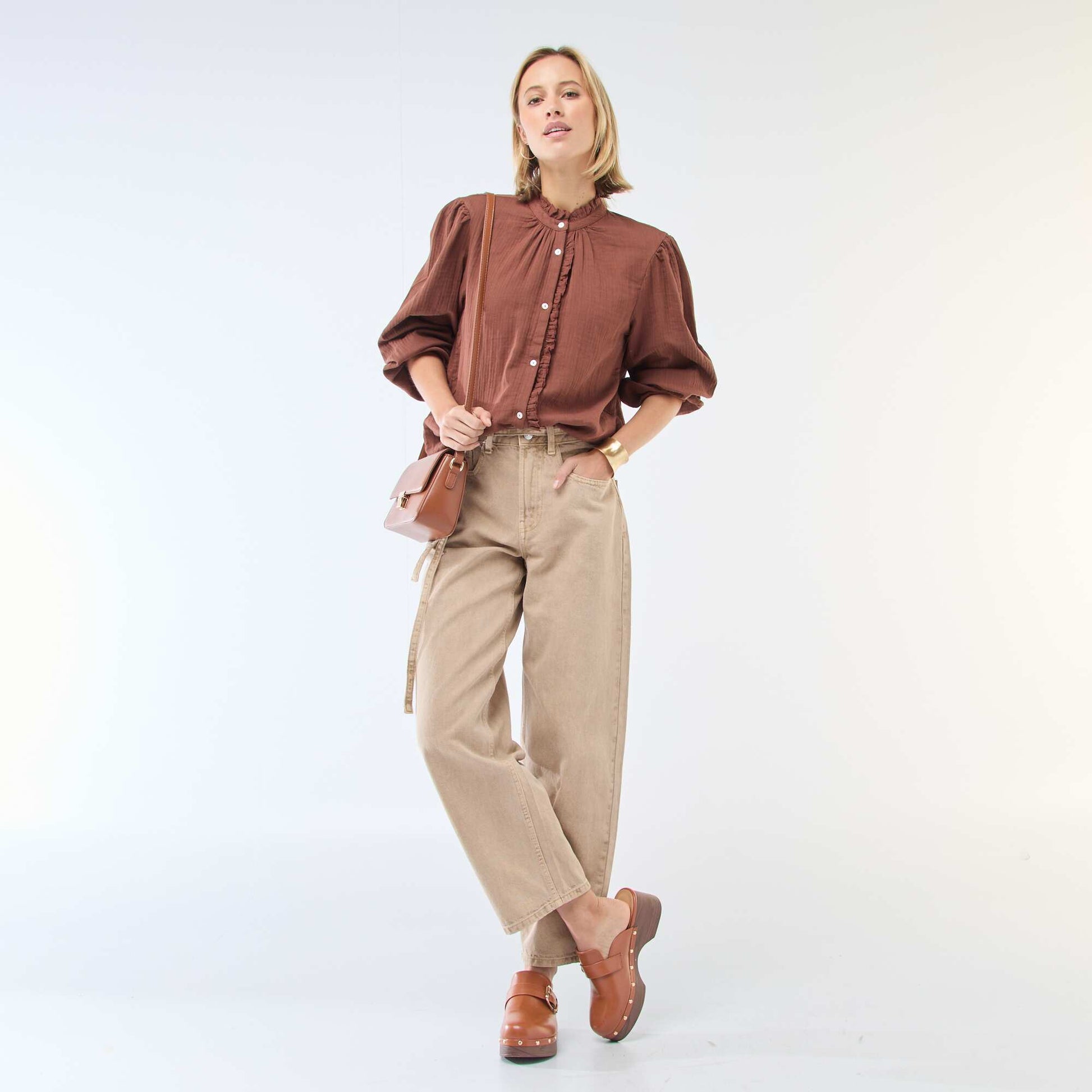 Chemisier en gaze de coton avec bords ondulés MARRON