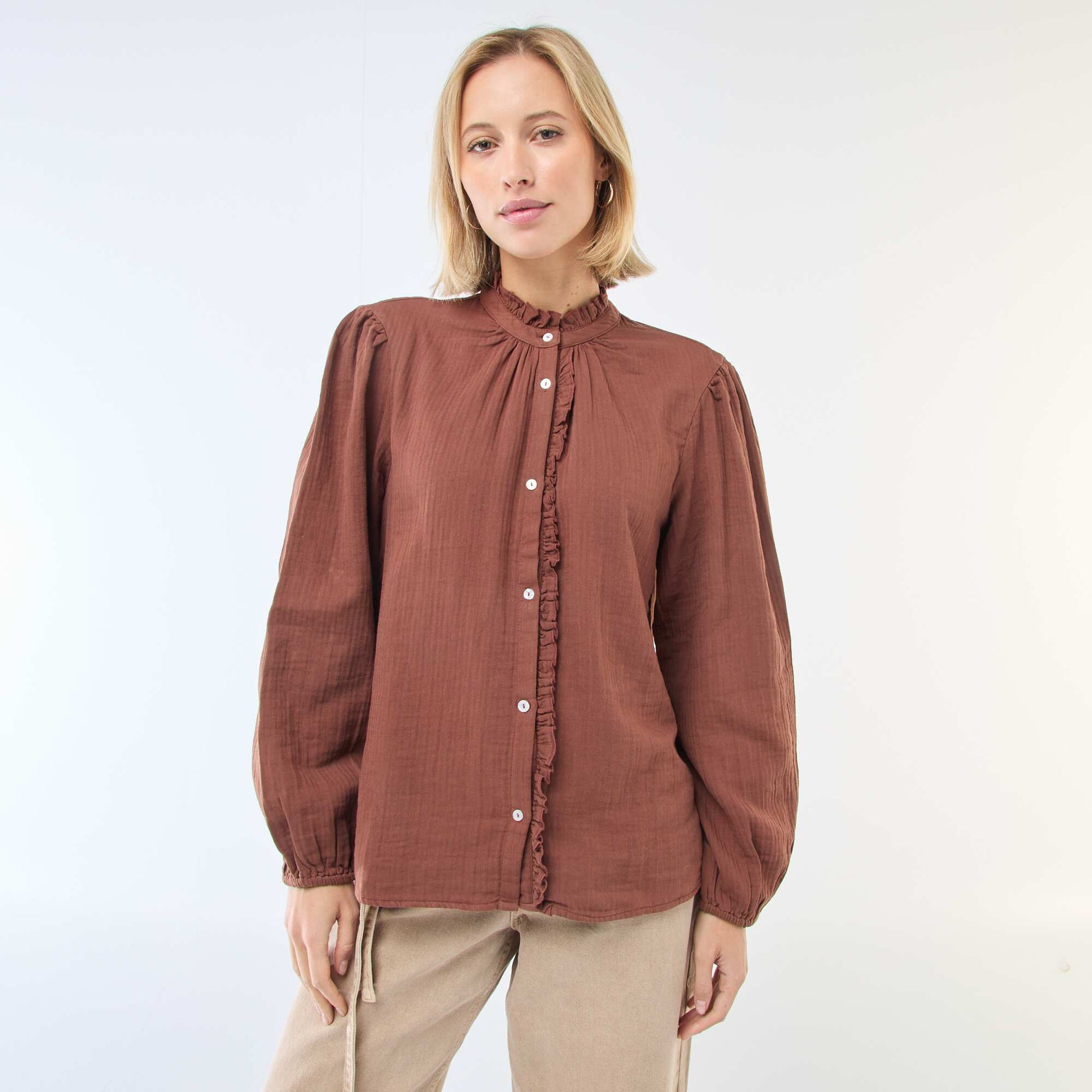 Chemisier en gaze de coton avec bords ondulés MARRON