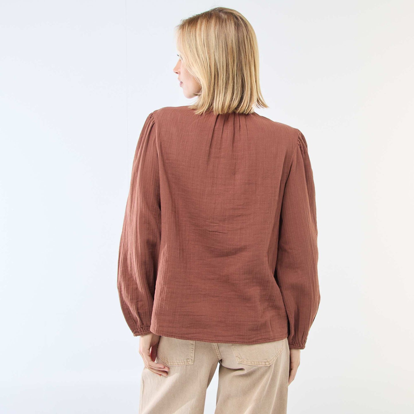 Chemisier en gaze de coton avec bords ondulés MARRON