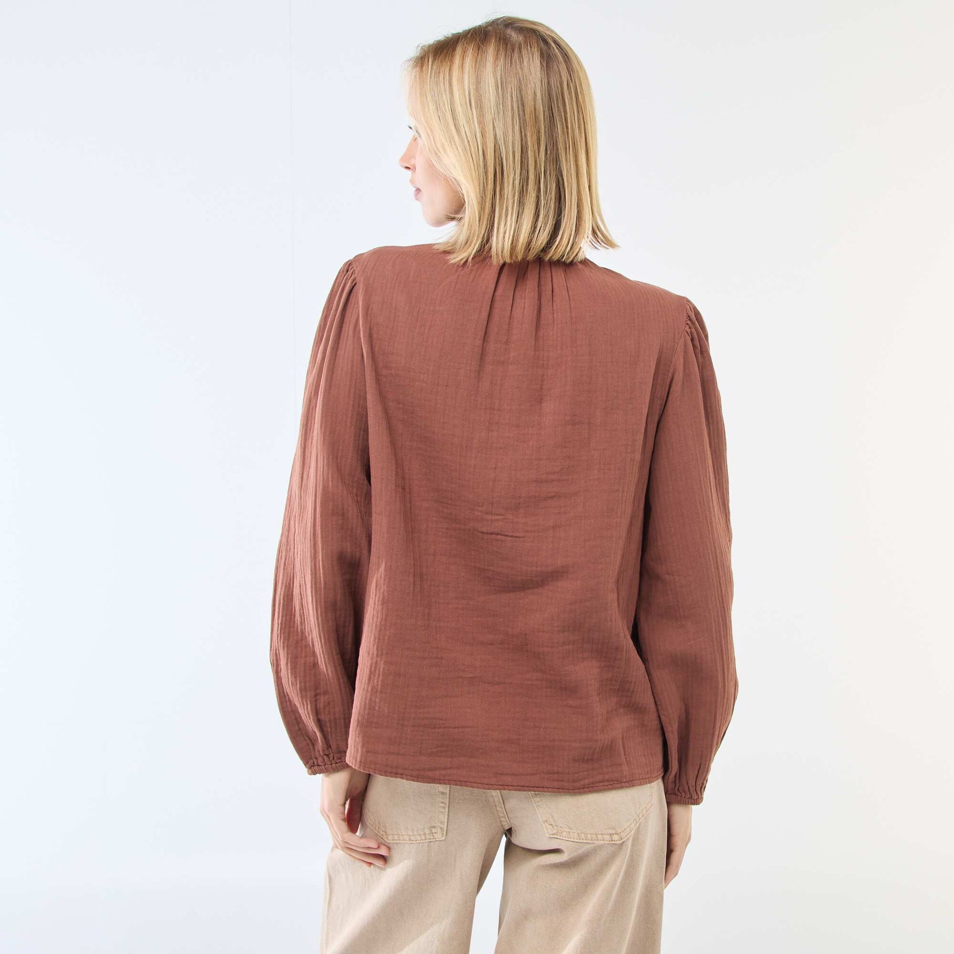 Chemisier en gaze de coton avec bords ondulés MARRON