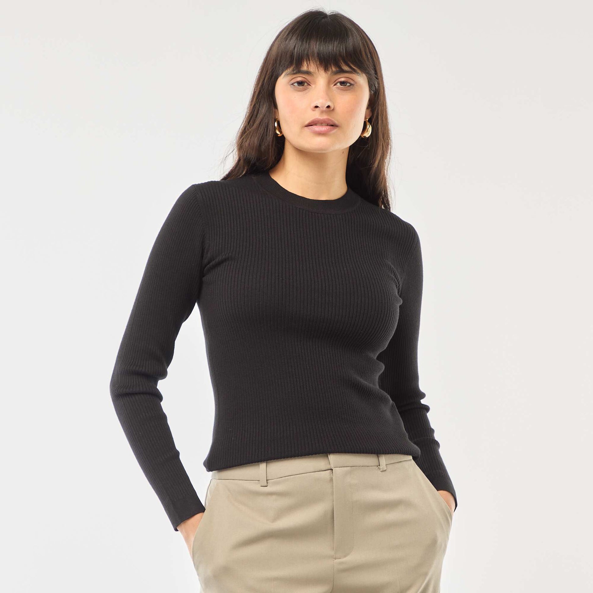 Pull col rond en rib uni NOIR