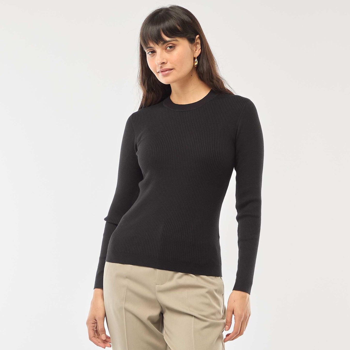 Pull col rond en rib uni NOIR