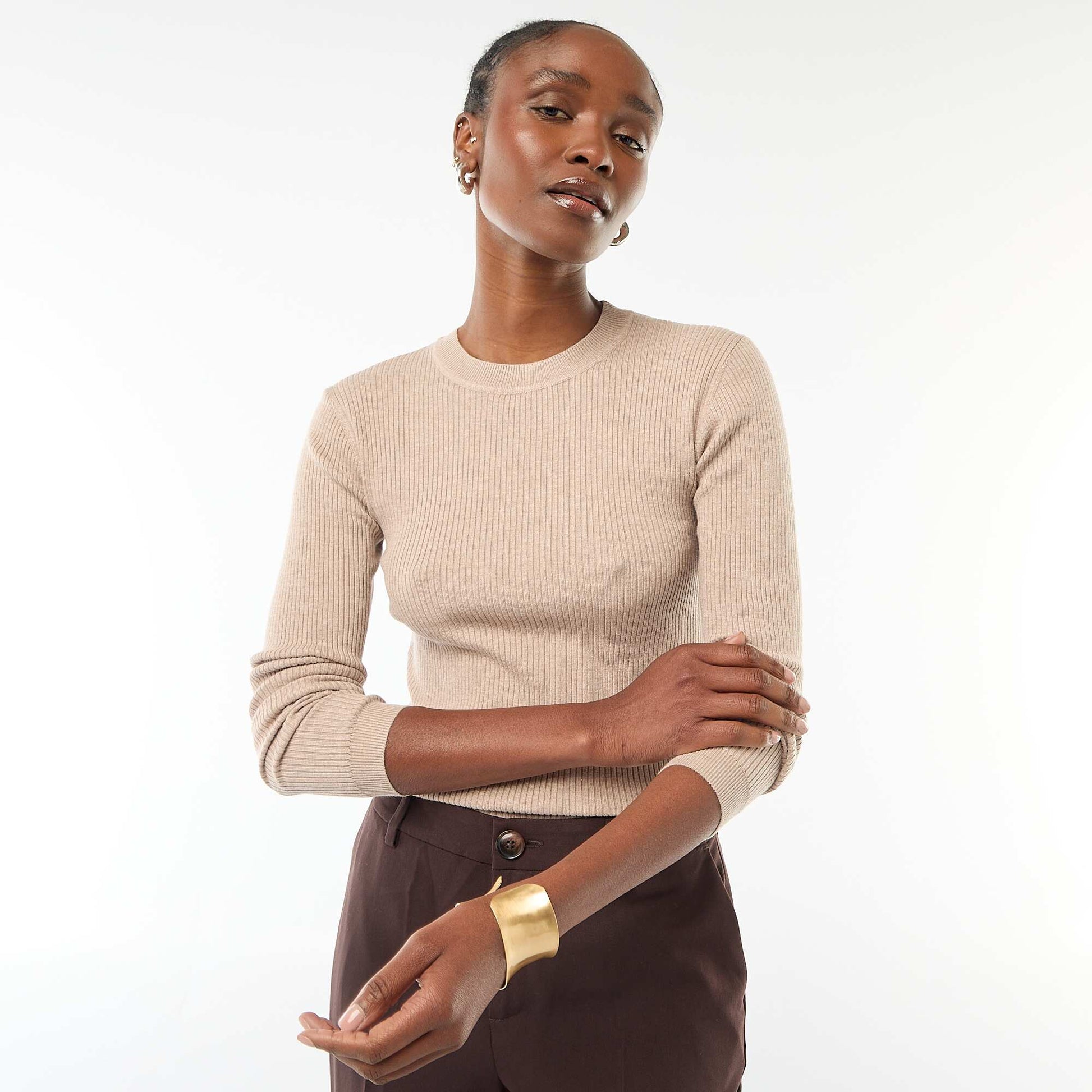 Pull col rond en rib uni BEIGE