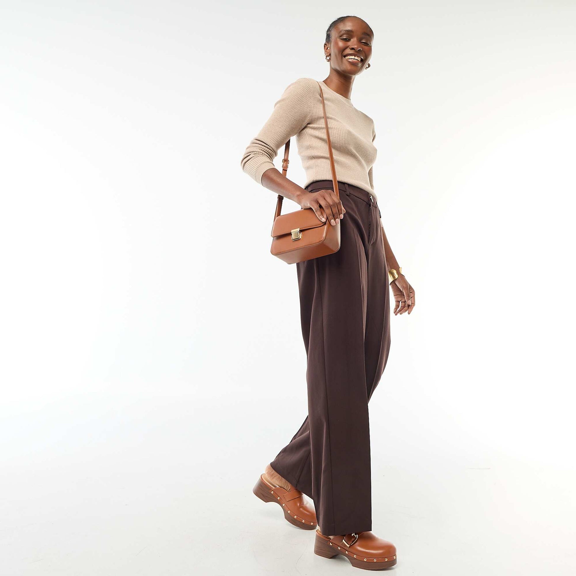 Pull col rond en rib uni BEIGE