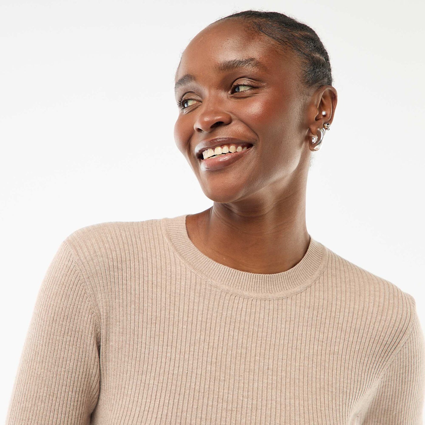 Pull col rond en rib uni BEIGE
