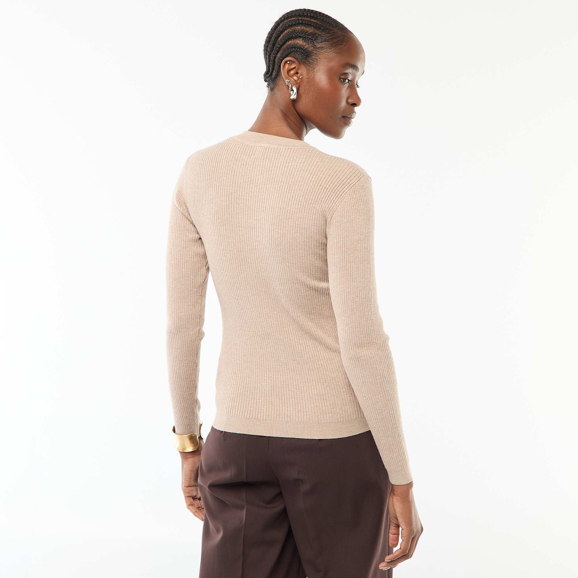 Pull col rond en rib uni BEIGE