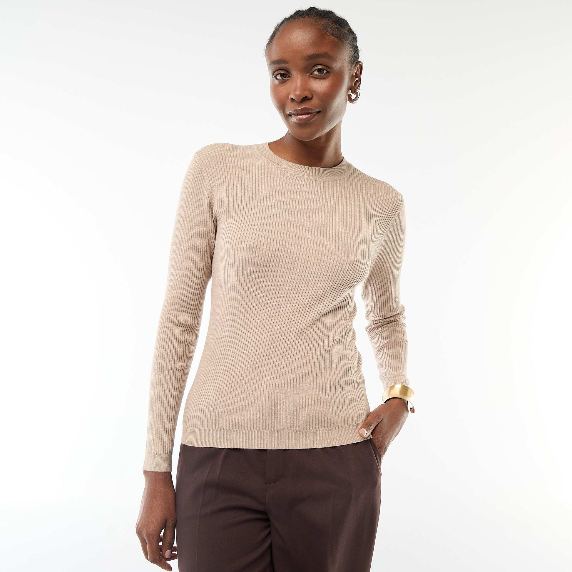 Pull col rond en rib uni BEIGE