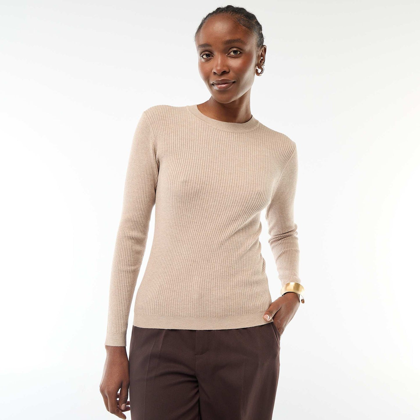 Pull col rond en rib uni BEIGE