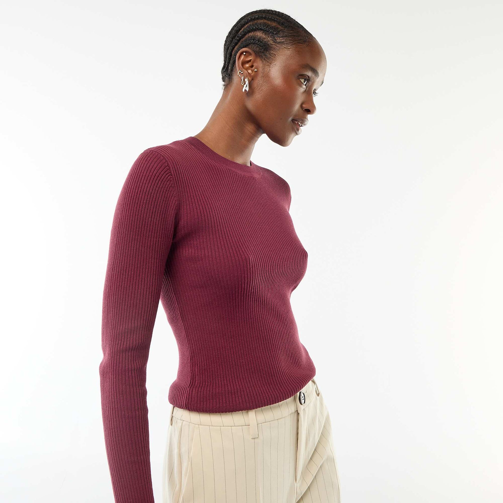 Pull col rond en rib uni VIOLET