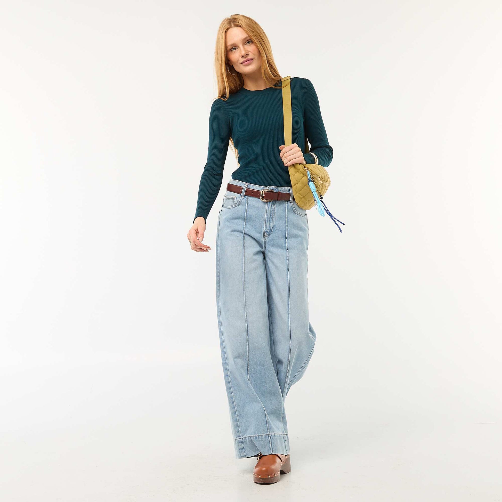 Pull col rond en rib uni BLEU