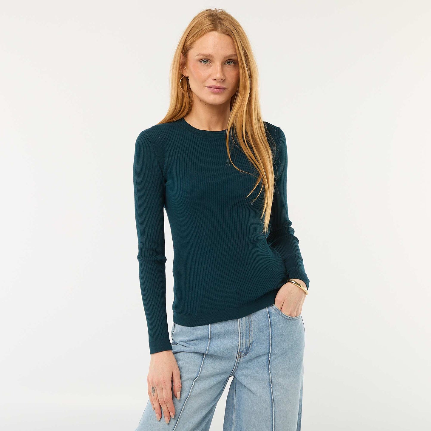 Pull col rond en rib uni BLEU